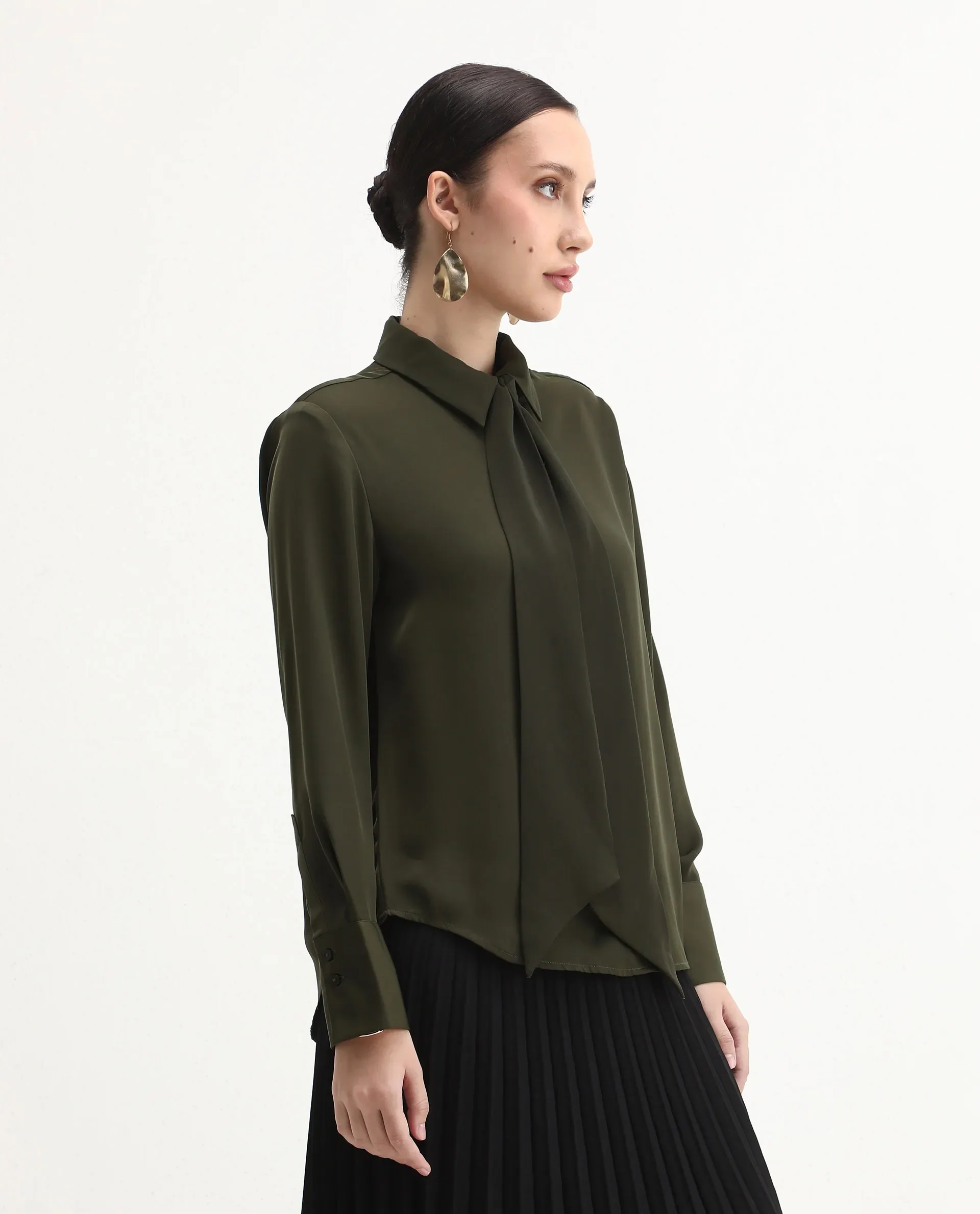 Rareism Women Aviol Olive Collared Neck Button Closure Plain Shirt - Image 6