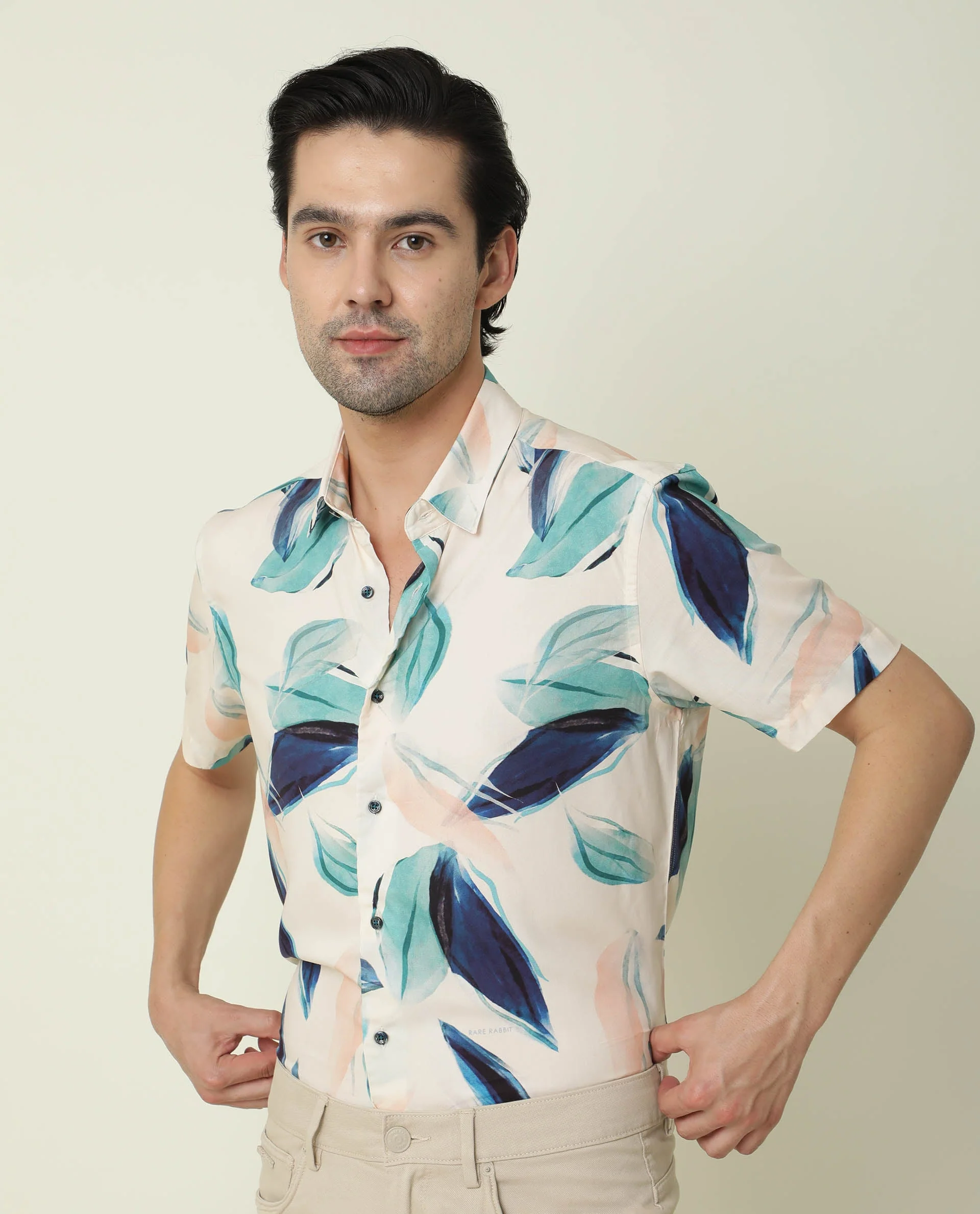 Rare Rabbit Men's Avion Beige Viscose Floral Print Regular Fit Half Sleeve Collared Shirt
