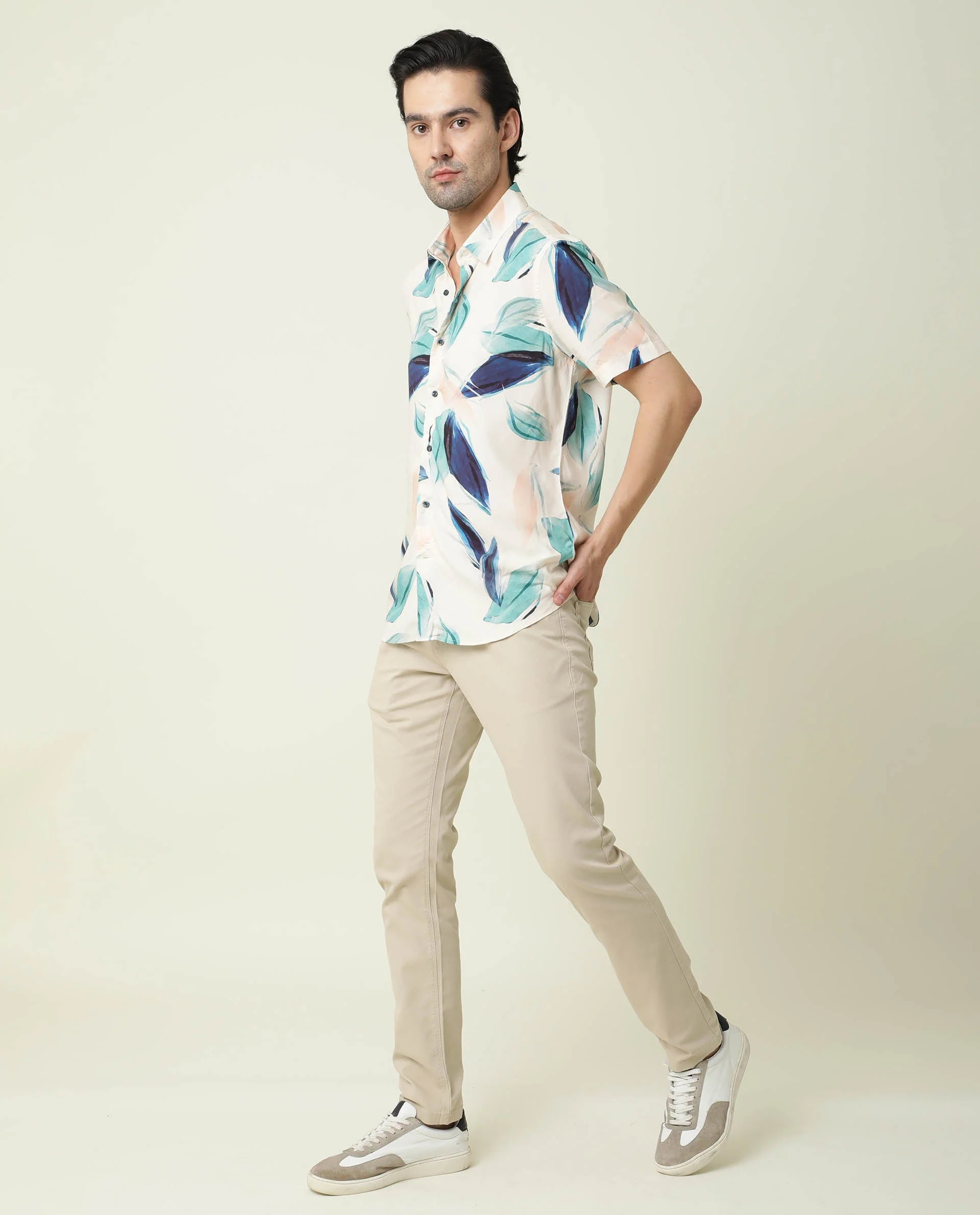 Rare Rabbit Men's Avion Beige Viscose Floral Print Regular Fit Half Sleeve Collared Shirt - Image 2