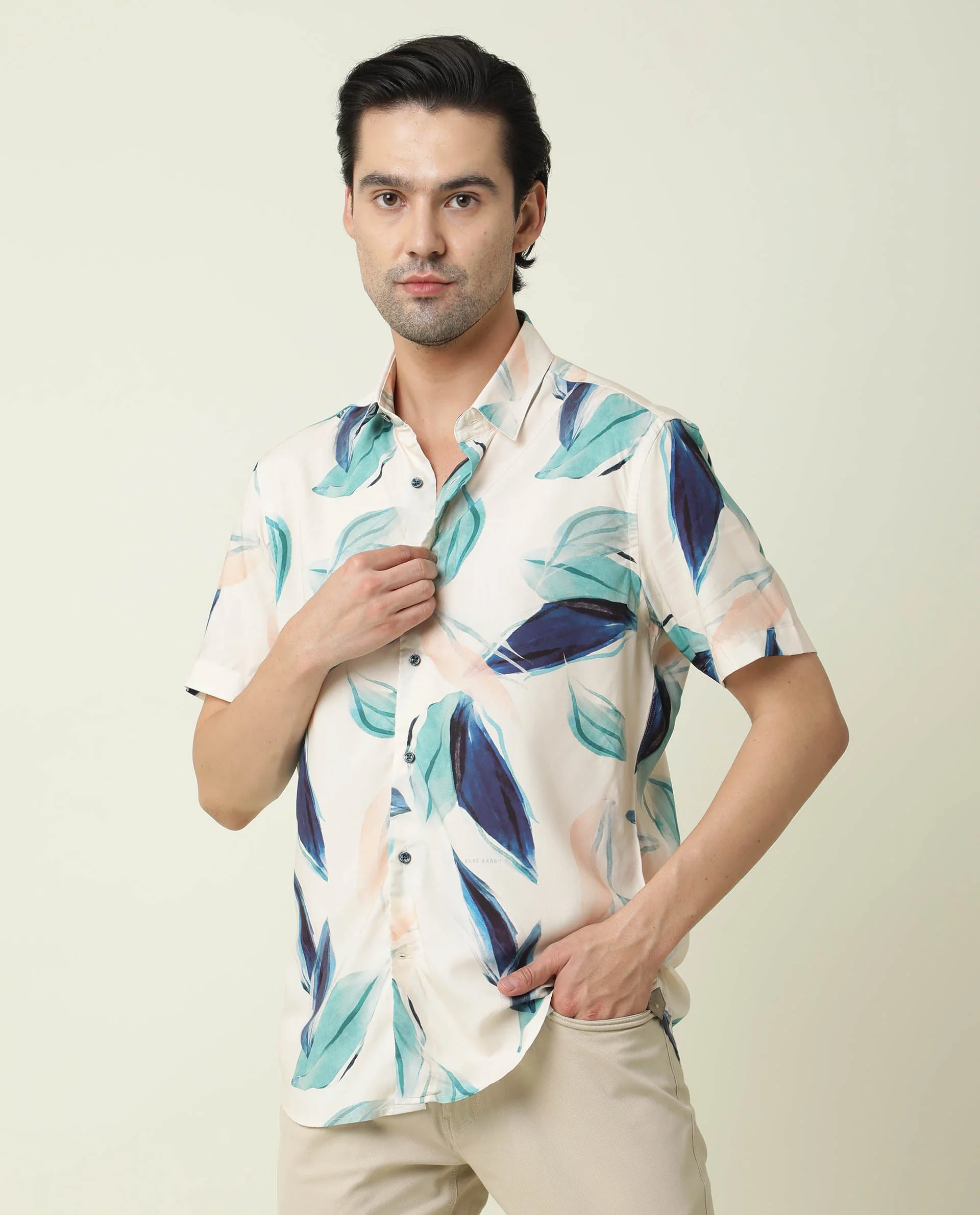 Rare Rabbit Men's Avion Beige Viscose Floral Print Regular Fit Half Sleeve Collared Shirt - Image 3