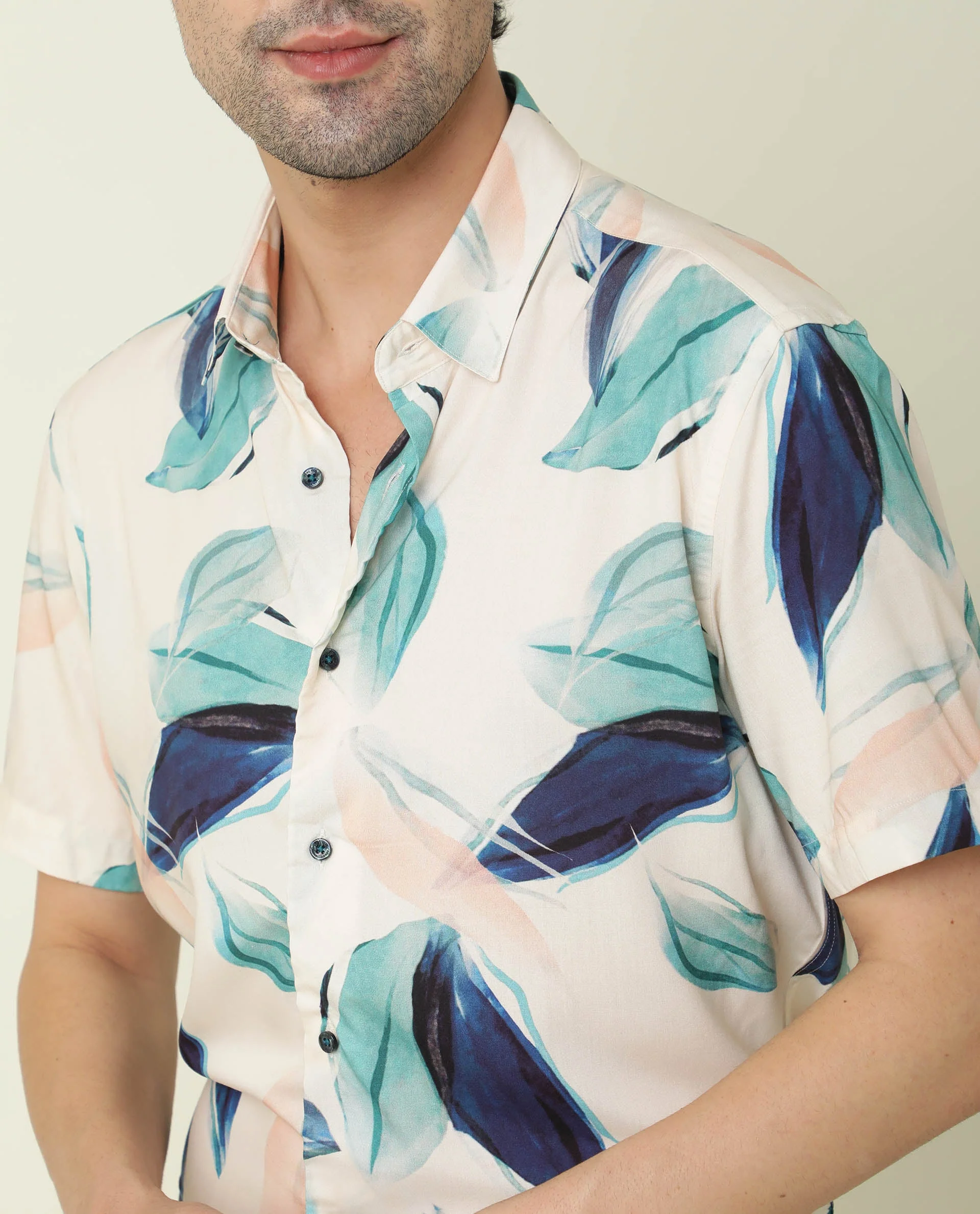 Rare Rabbit Men's Avion Beige Viscose Floral Print Regular Fit Half Sleeve Collared Shirt - Image 4