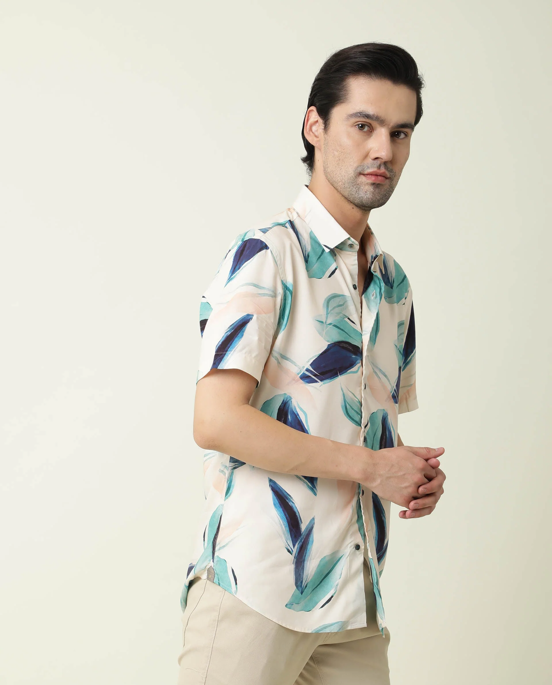 Rare Rabbit Men's Avion Beige Viscose Floral Print Regular Fit Half Sleeve Collared Shirt - Image 5