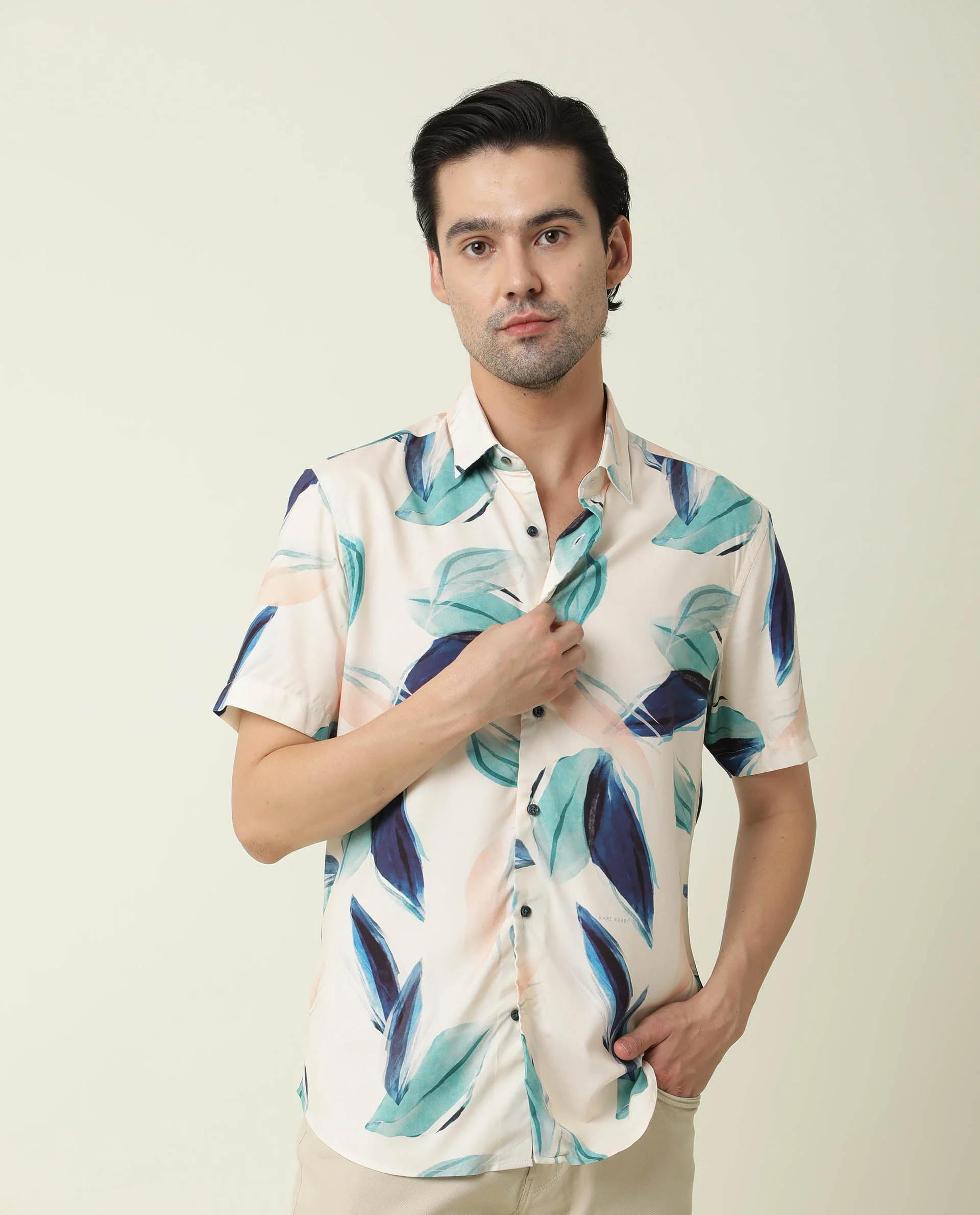 Rare Rabbit Men's Avion Beige Viscose Floral Print Regular Fit Half Sleeve Collared Shirt - Image 6