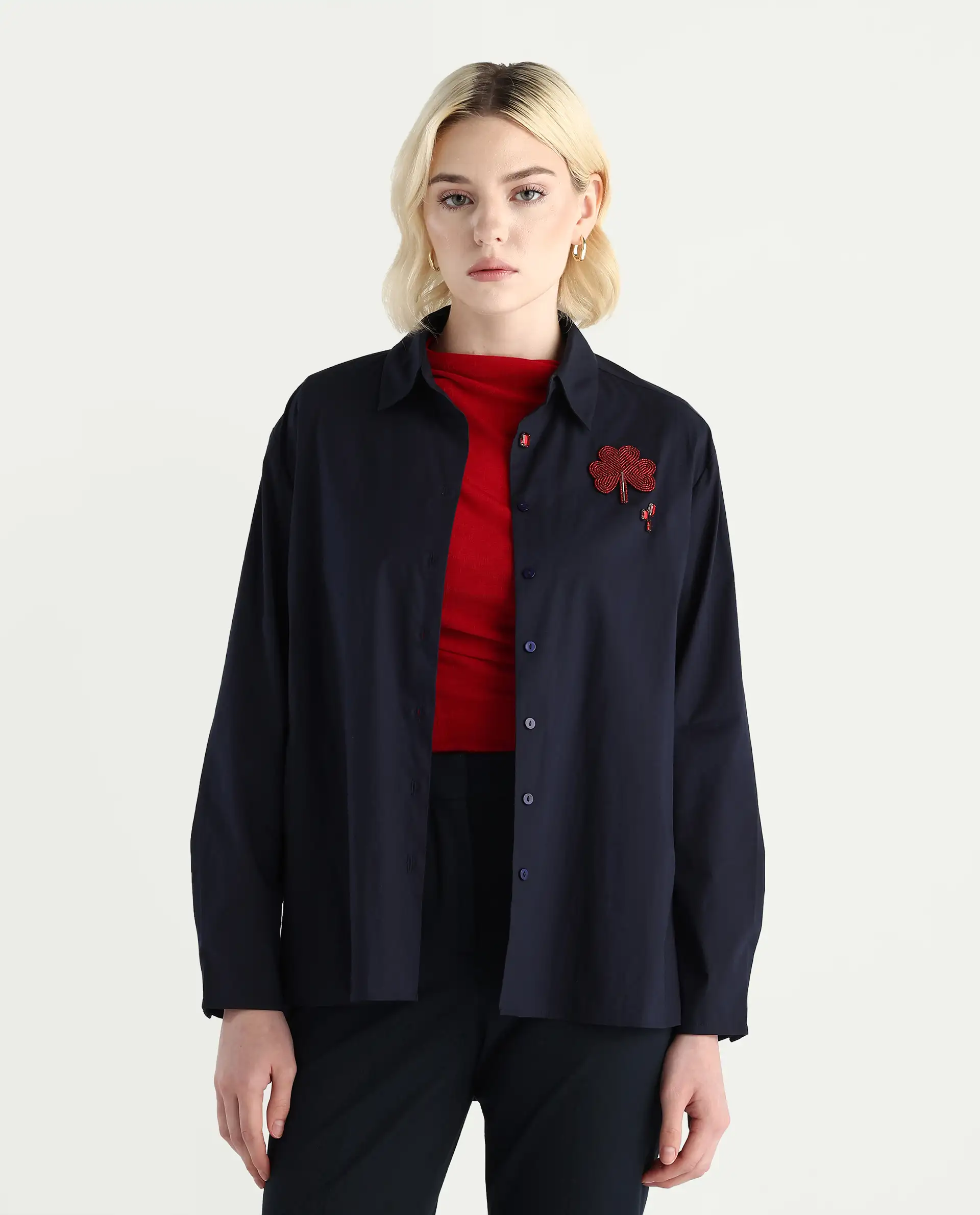 Rareism Women's Avion Navy Cotton Blend Collared Neck Boxy Fit Shirt - Image 3
