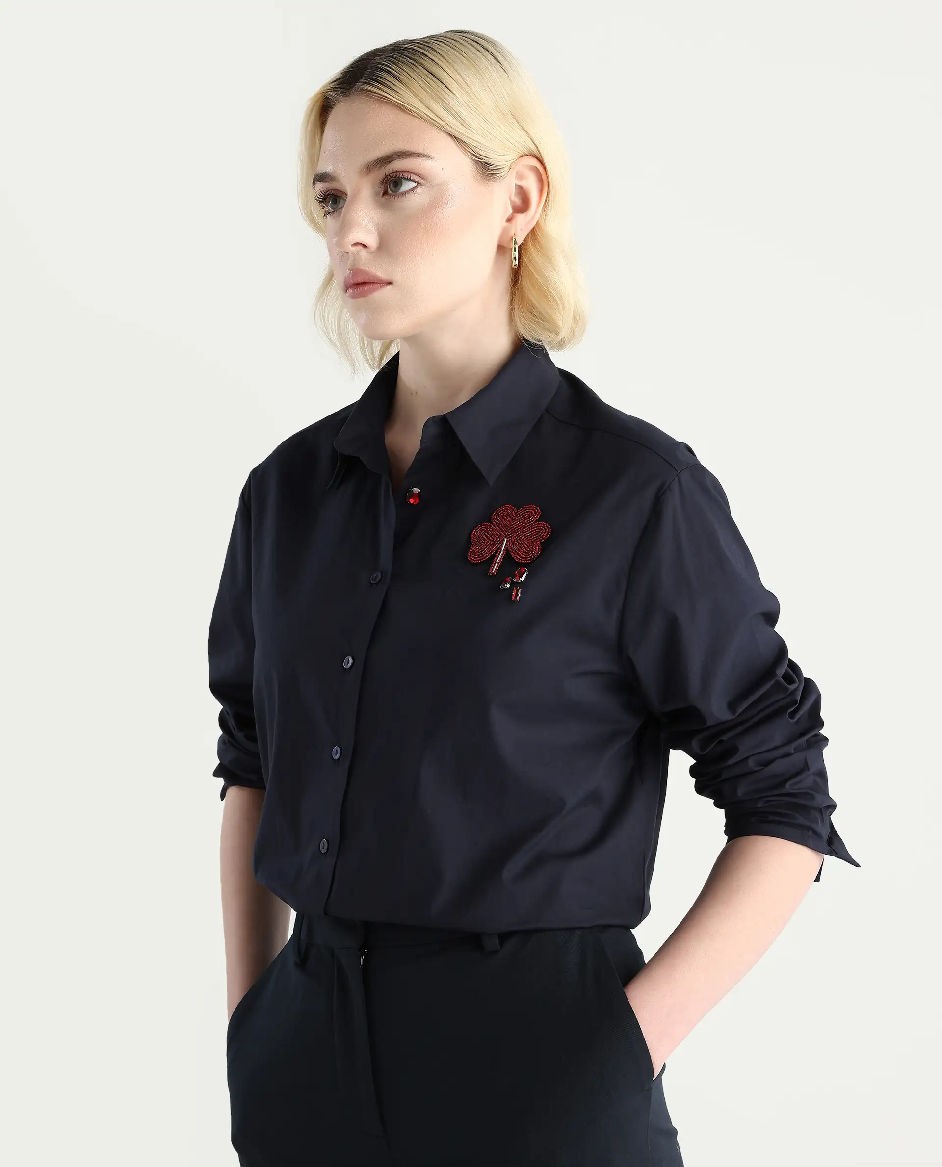 Rareism Women's Avion Navy Cotton Blend Collared Neck Boxy Fit Shirt - Image 4