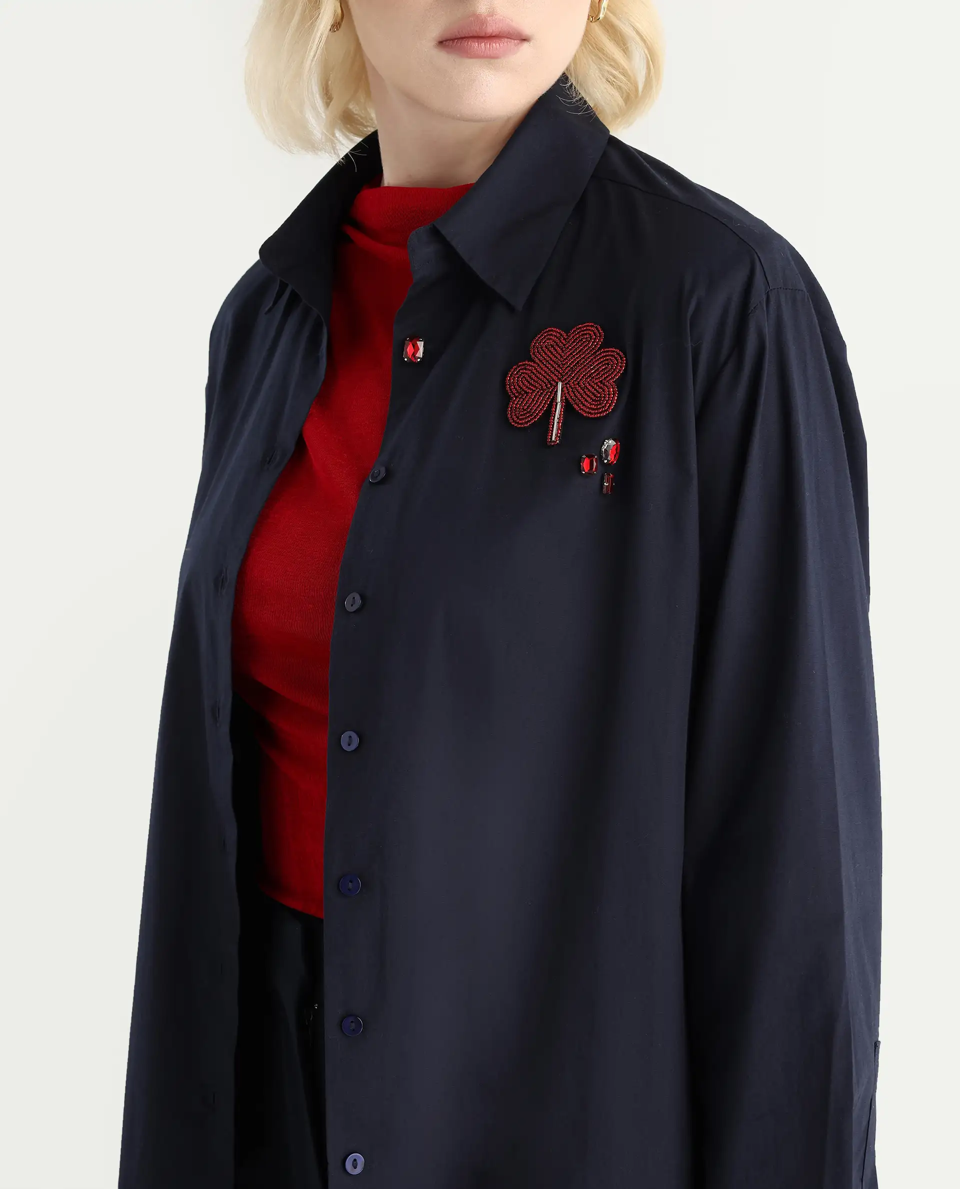 Rareism Women's Avion Navy Cotton Blend Collared Neck Boxy Fit Shirt - Image 5