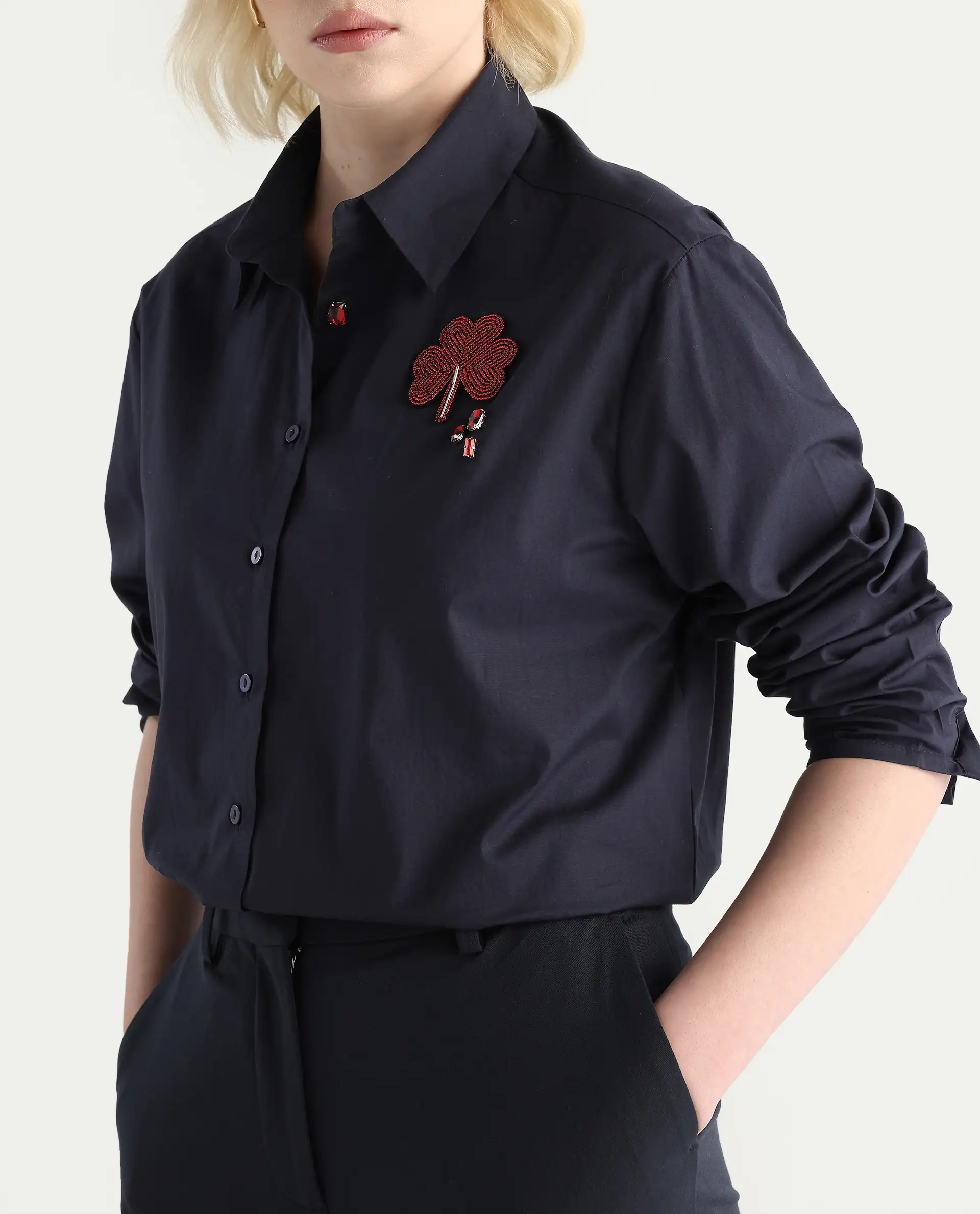Rareism Women's Avion Navy Cotton Blend Collared Neck Boxy Fit Shirt - Image 6