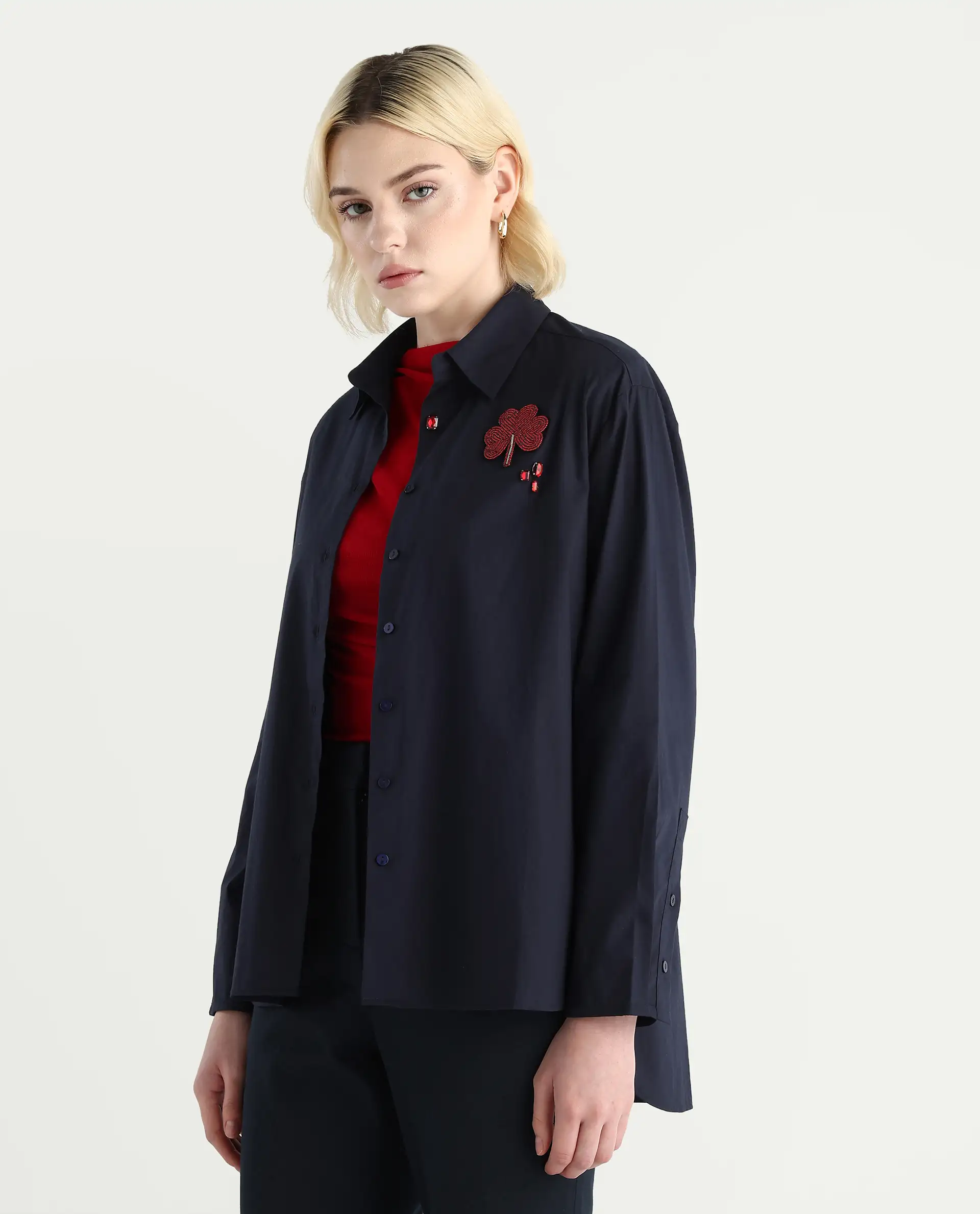 Rareism Women's Avion Navy Cotton Blend Collared Neck Boxy Fit Shirt - Image 7