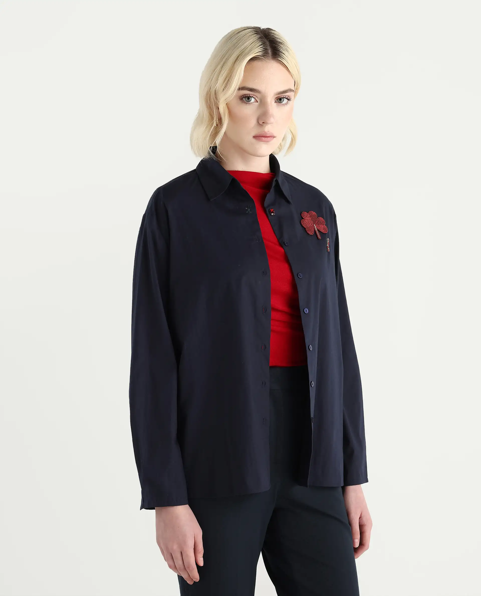 Rareism Women's Avion Navy Cotton Blend Collared Neck Boxy Fit Shirt - Image 8