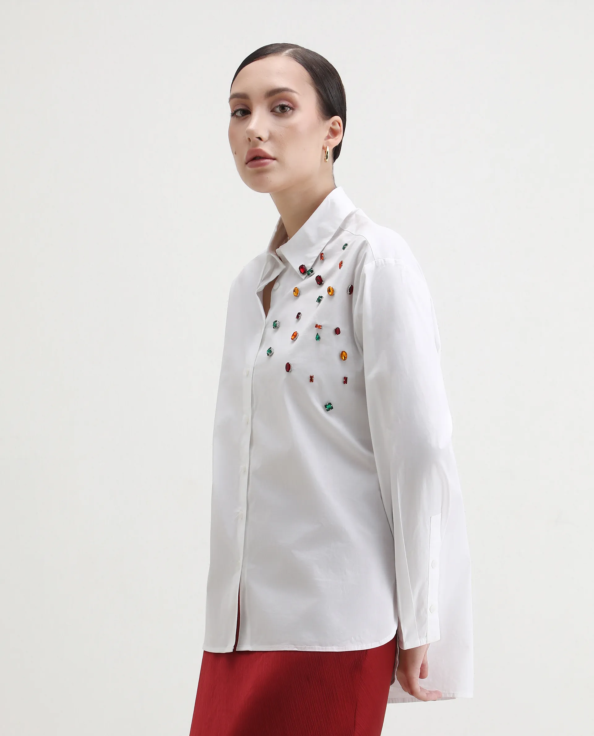 Rareism Women's Avion White Cotton Blend Collared Neck Boxy Fit Shirt - Image 3