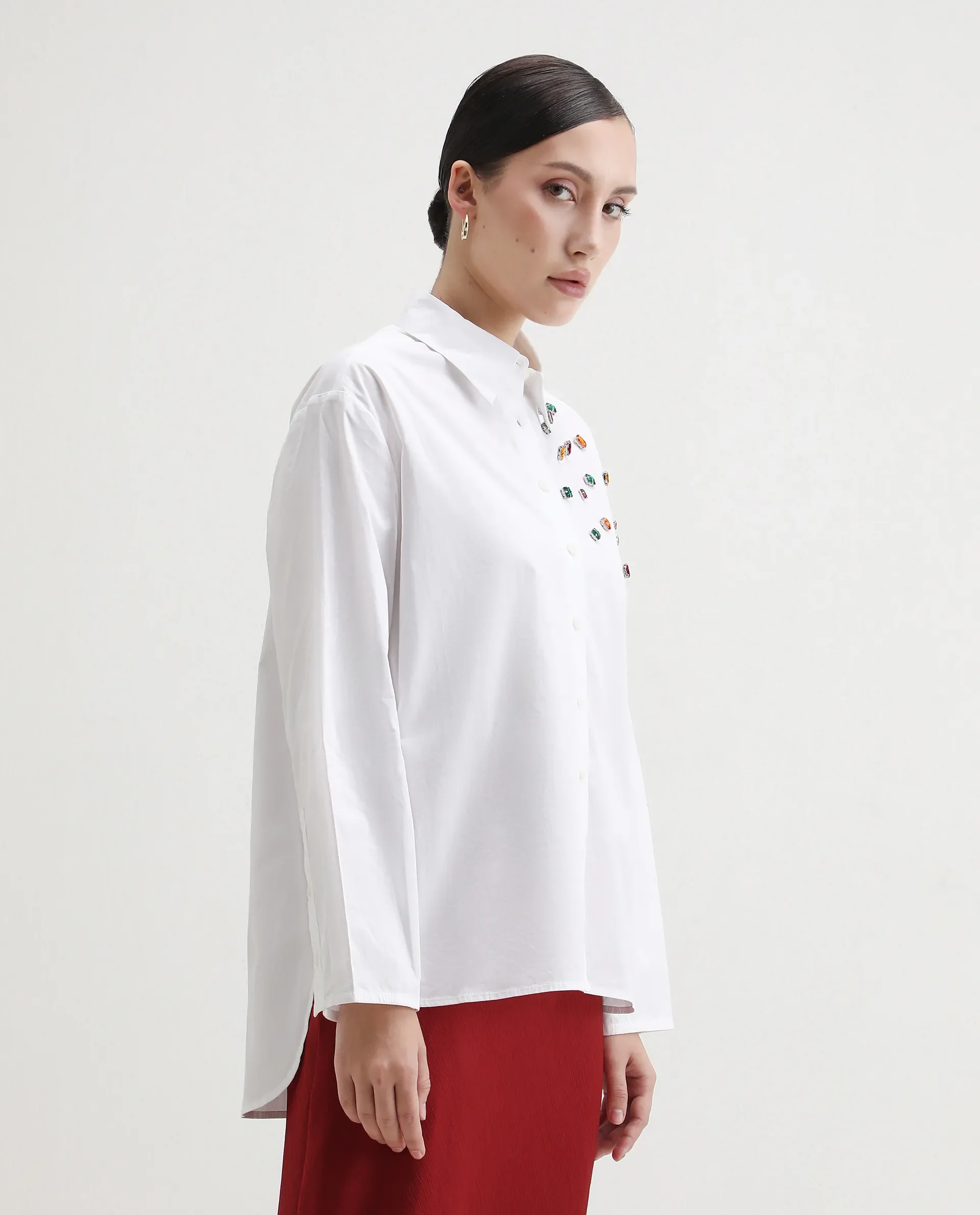 Rareism Women's Avion White Cotton Blend Collared Neck Boxy Fit Shirt - Image 4