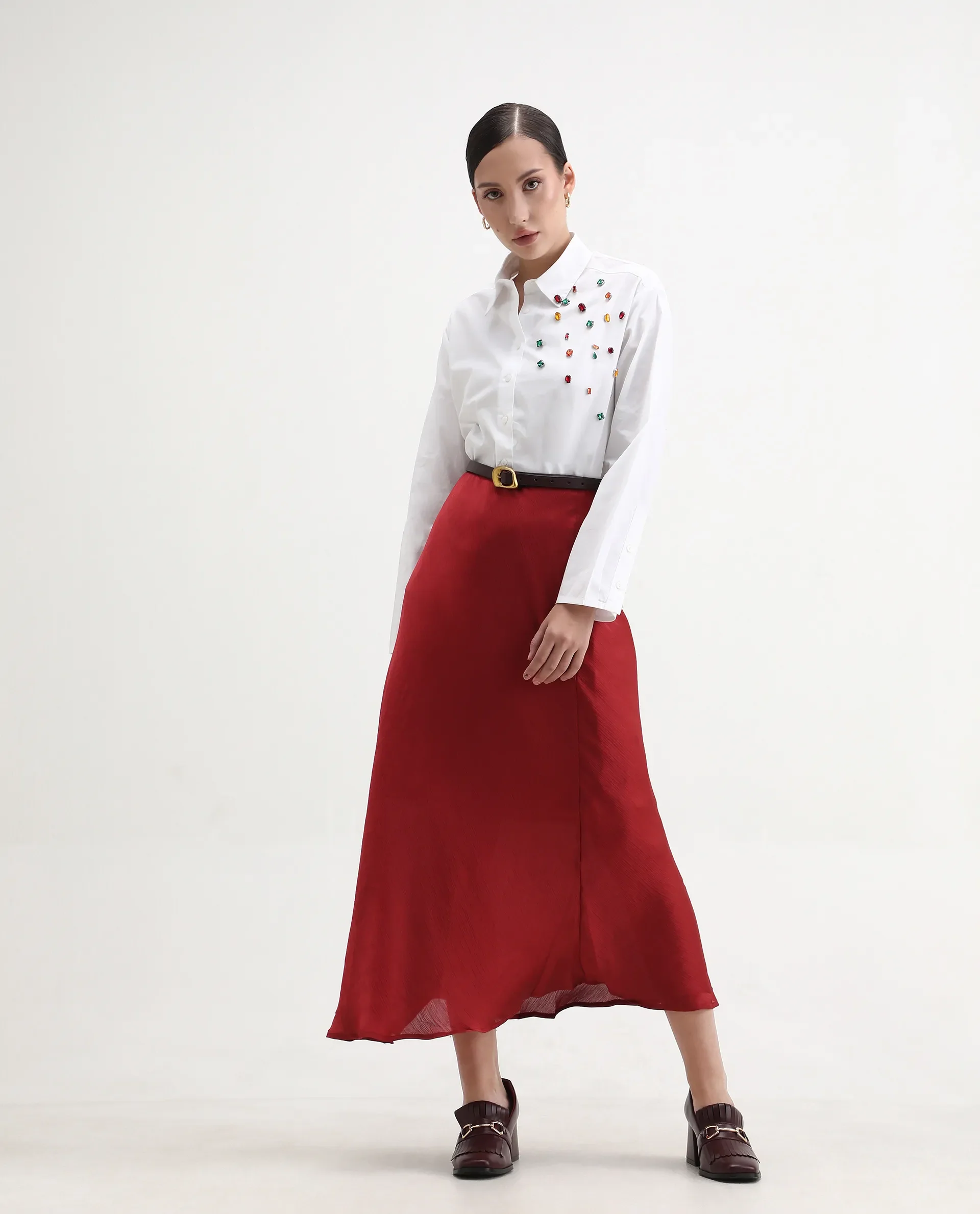 Rareism Women's Avion White Cotton Blend Collared Neck Boxy Fit Shirt - Image 6