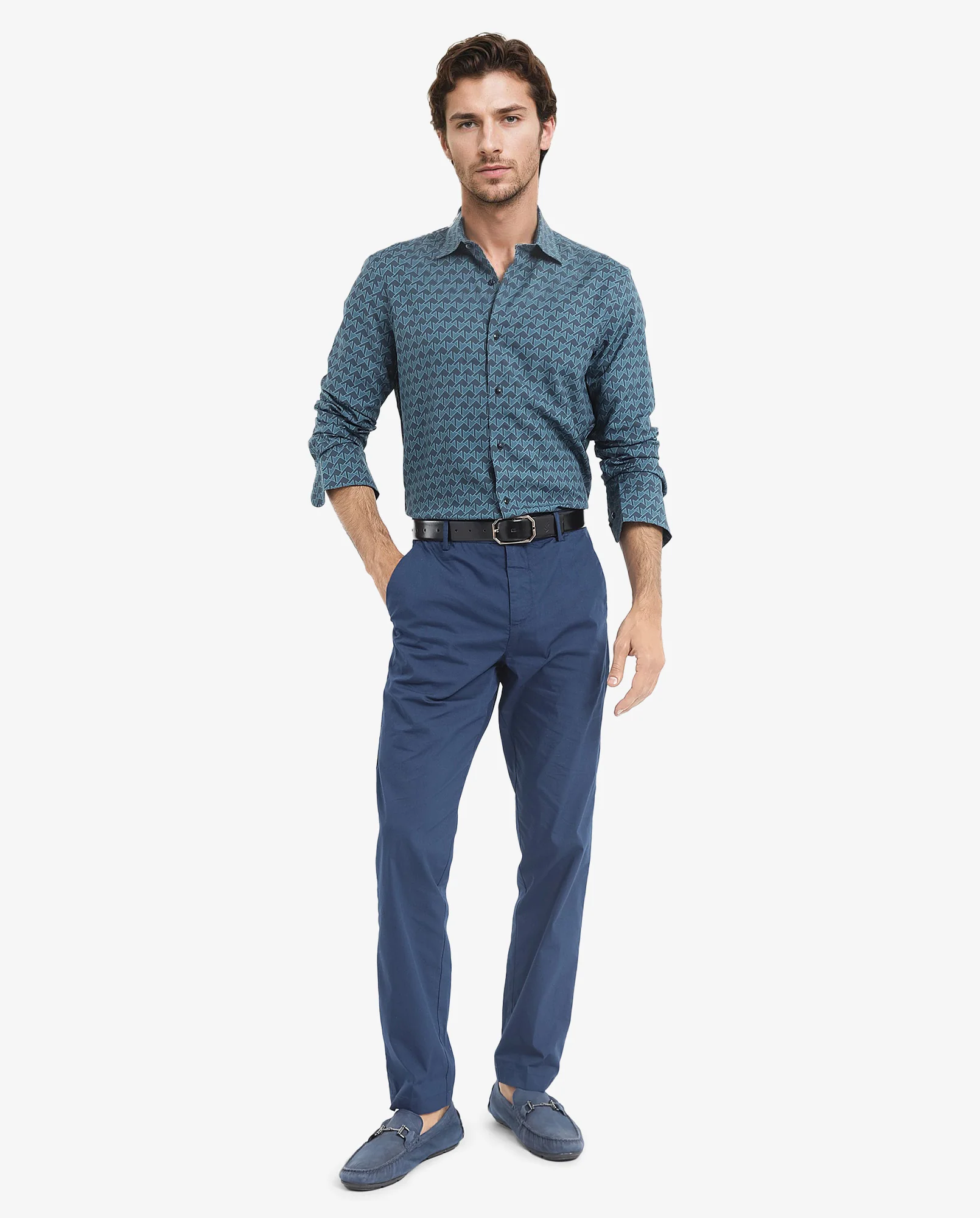 Rare Rabbit Men's Avior Teal Viscose Monogram Print Regular Fit Full Sleeve Collared Shirt - Image 2