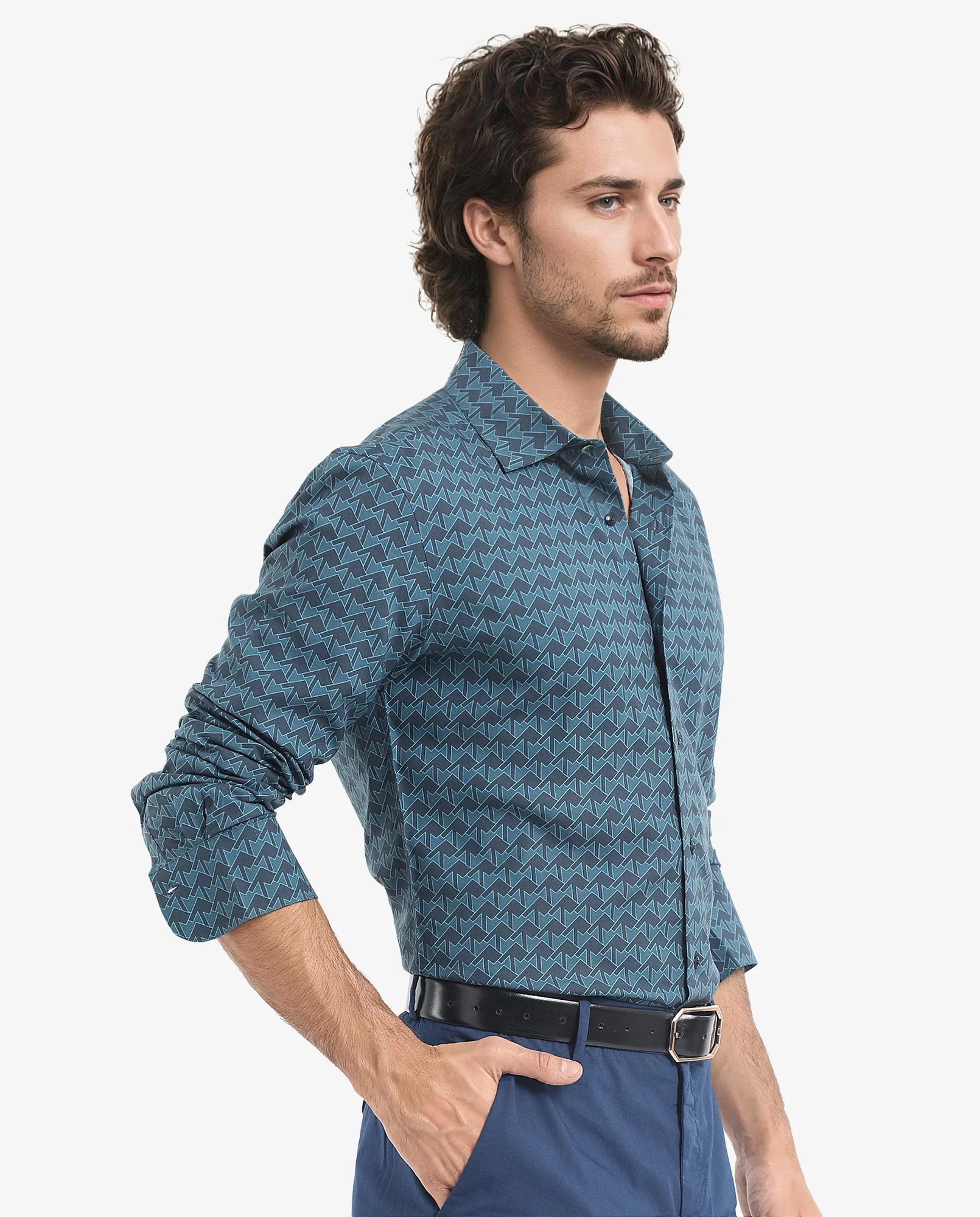 Rare Rabbit Men's Avior Teal Viscose Monogram Print Regular Fit Full Sleeve Collared Shirt - Image 3