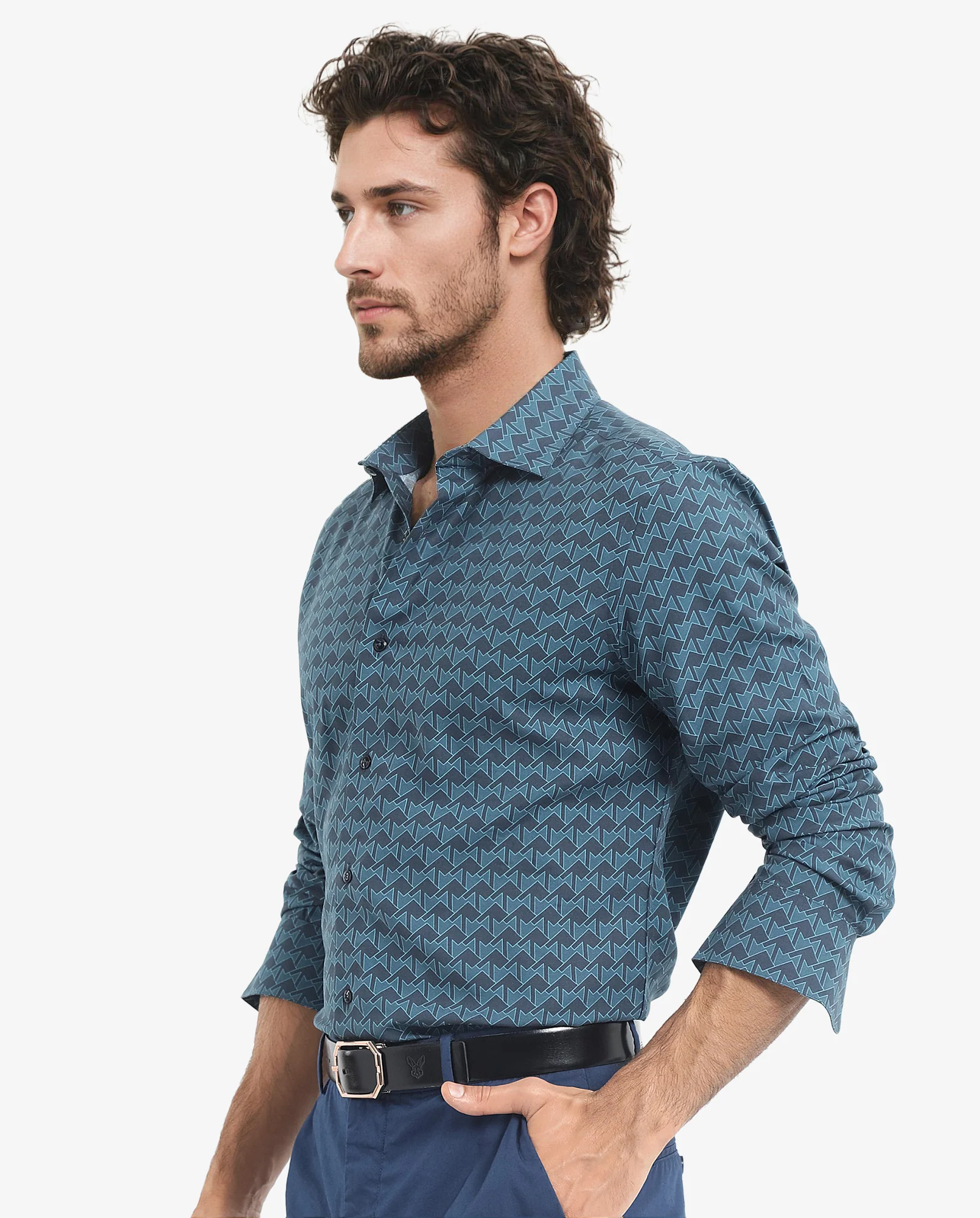 Rare Rabbit Men's Avior Teal Viscose Monogram Print Regular Fit Full Sleeve Collared Shirt - Image 4