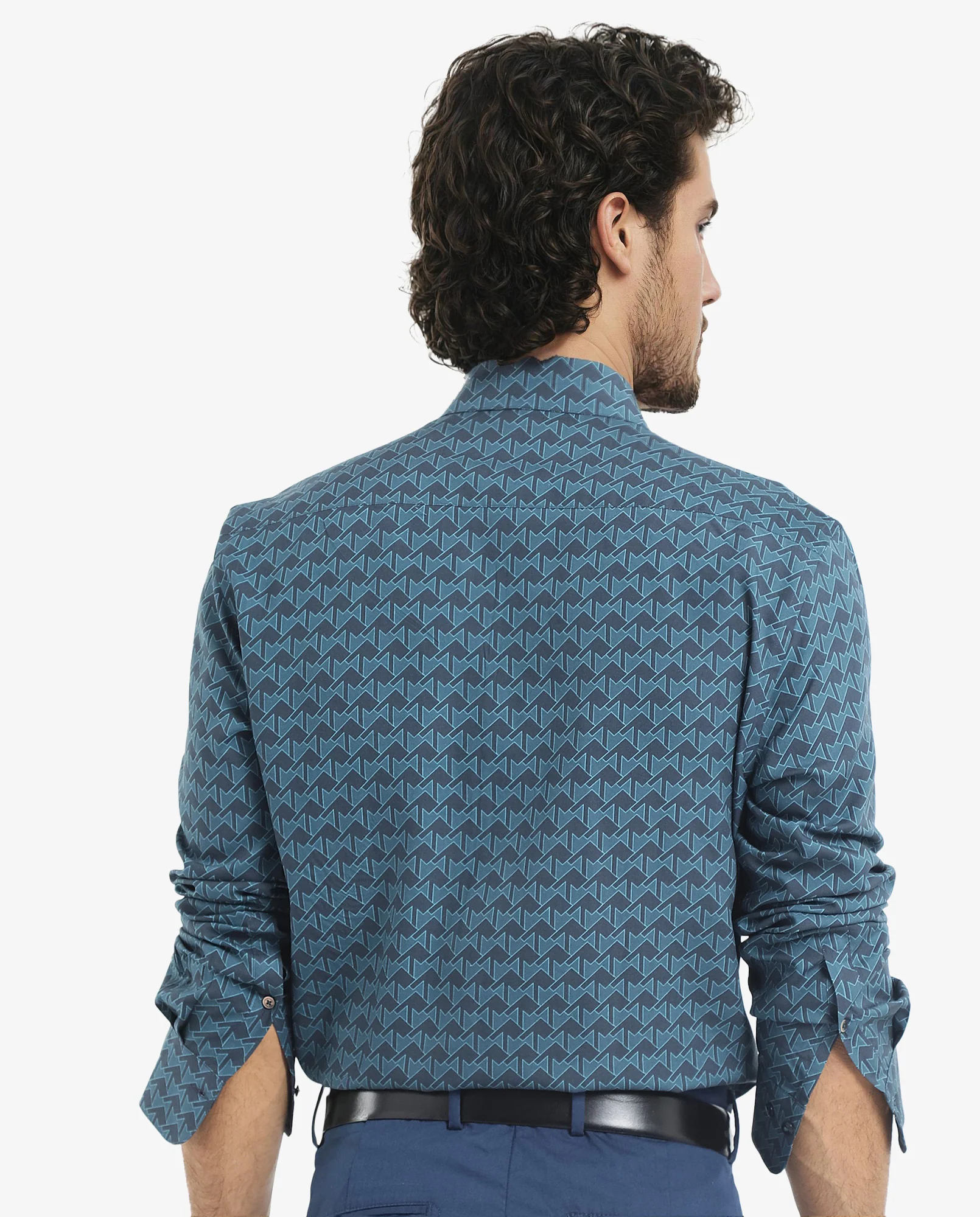 Rare Rabbit Men's Avior Teal Viscose Monogram Print Regular Fit Full Sleeve Collared Shirt - Image 5