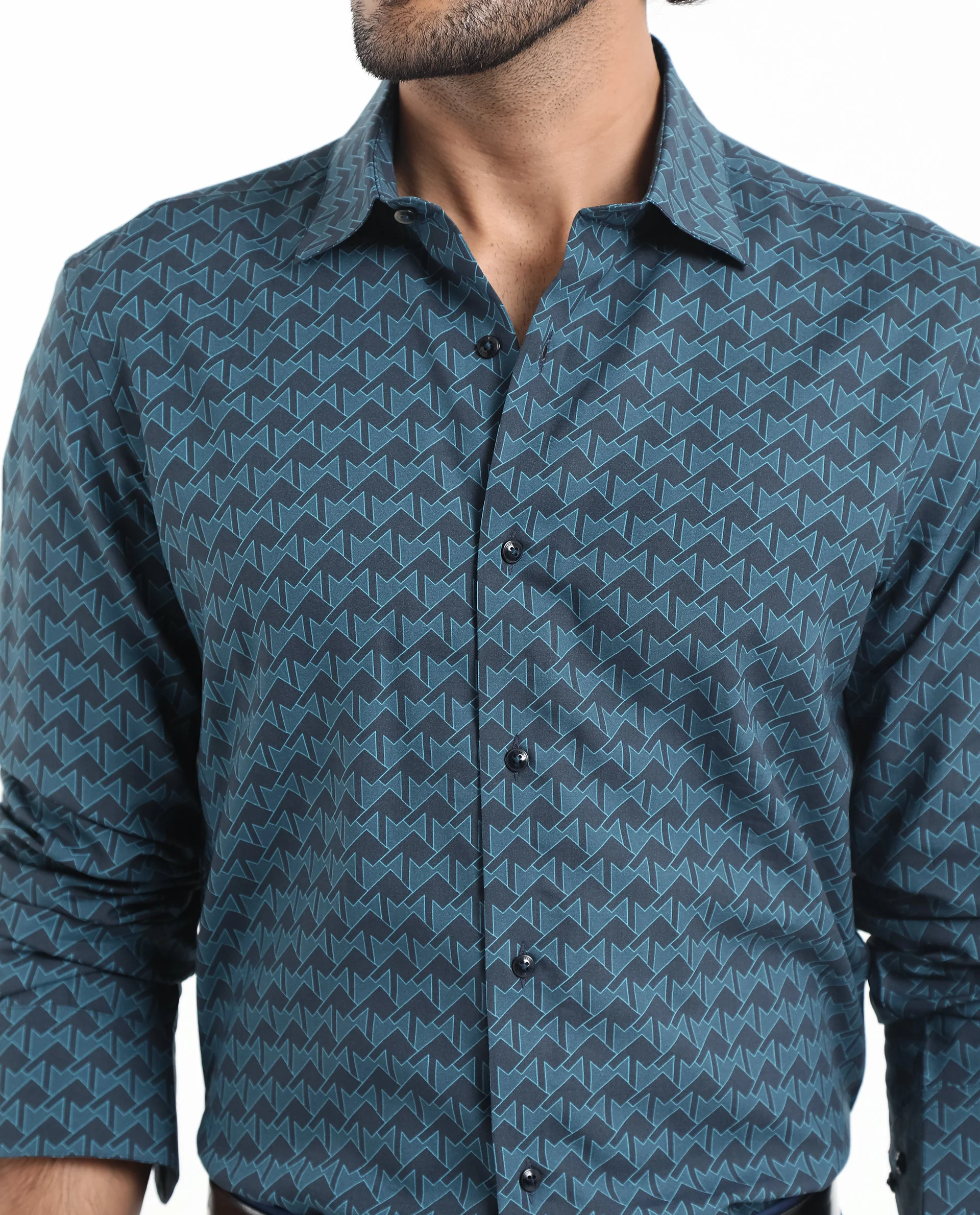 Rare Rabbit Men's Avior Teal Viscose Monogram Print Regular Fit Full Sleeve Collared Shirt - Image 6