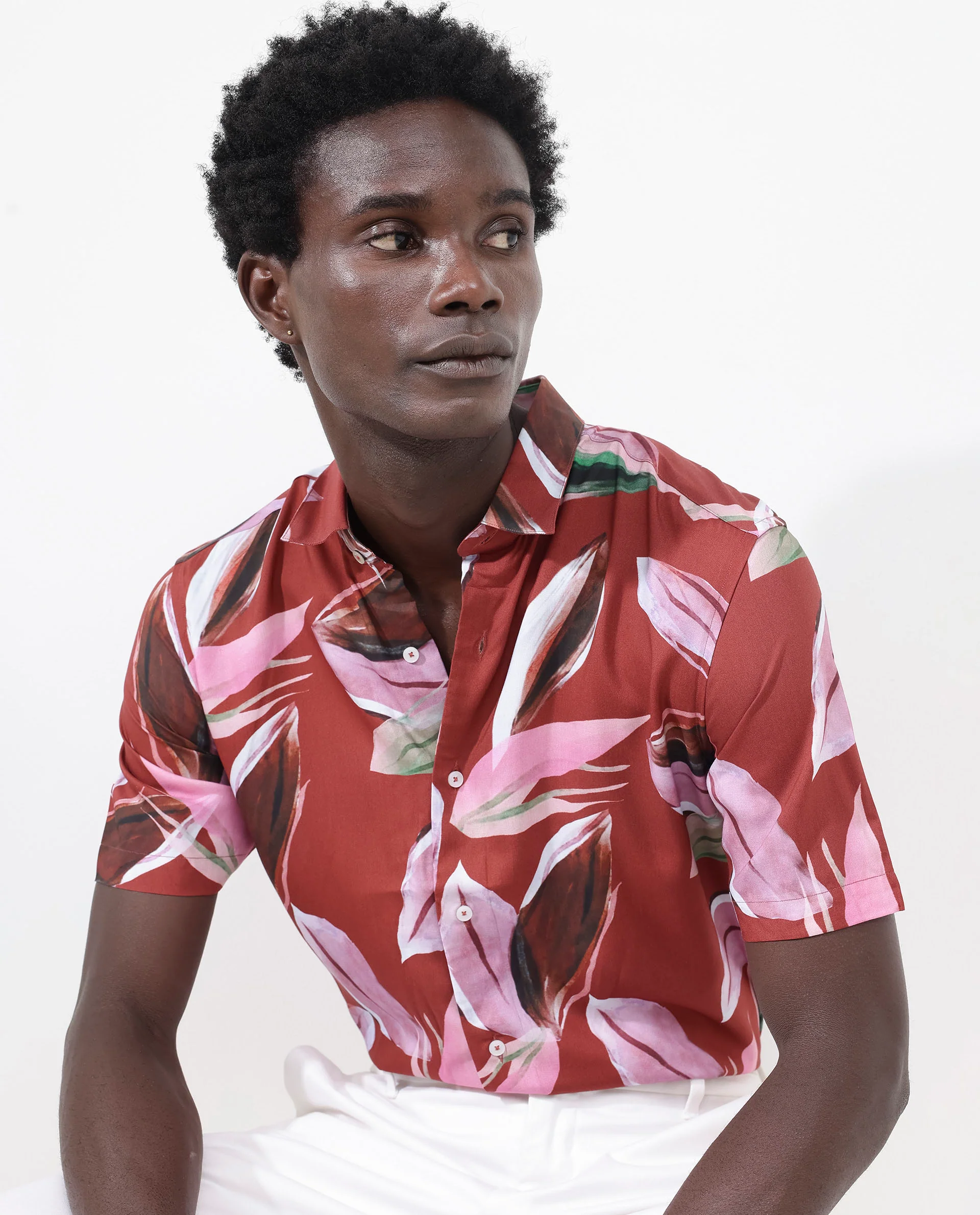 Rare Rabbit Men's Aviot Rust Viscose Tropical Print Regular Fit Half Sleeve Collared Shirt