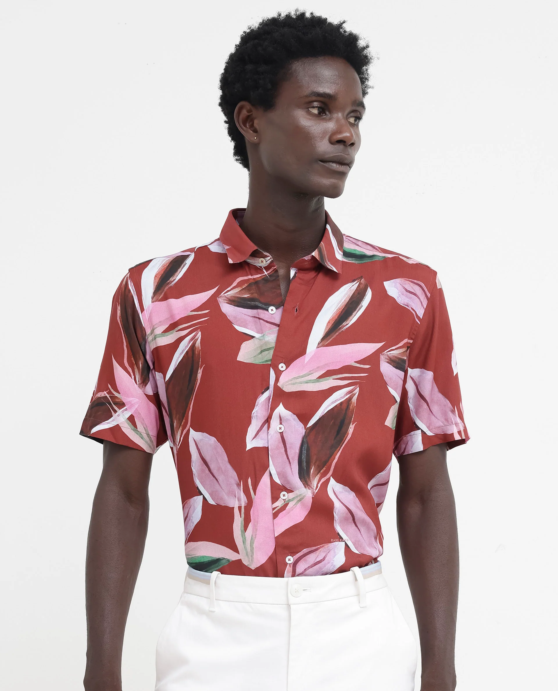 Rare Rabbit Men's Aviot Rust Viscose Tropical Print Regular Fit Half Sleeve Collared Shirt - Image 10