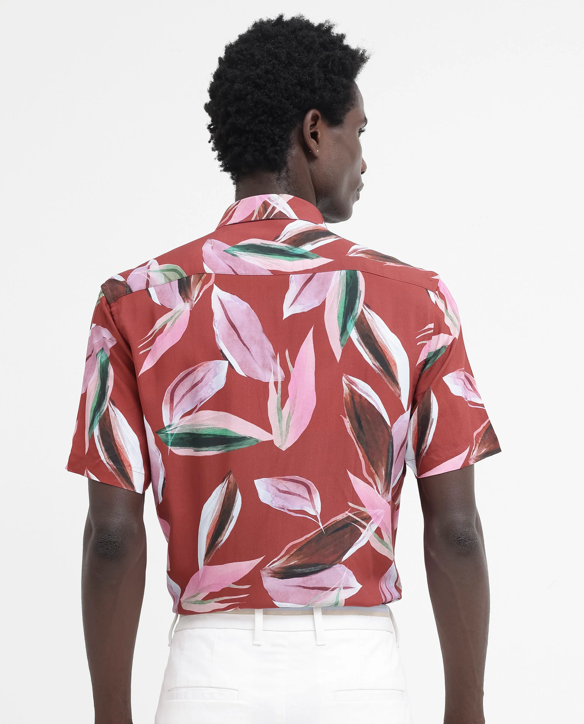 Rare Rabbit Men's Aviot Rust Viscose Tropical Print Regular Fit Half Sleeve Collared Shirt - Image 11