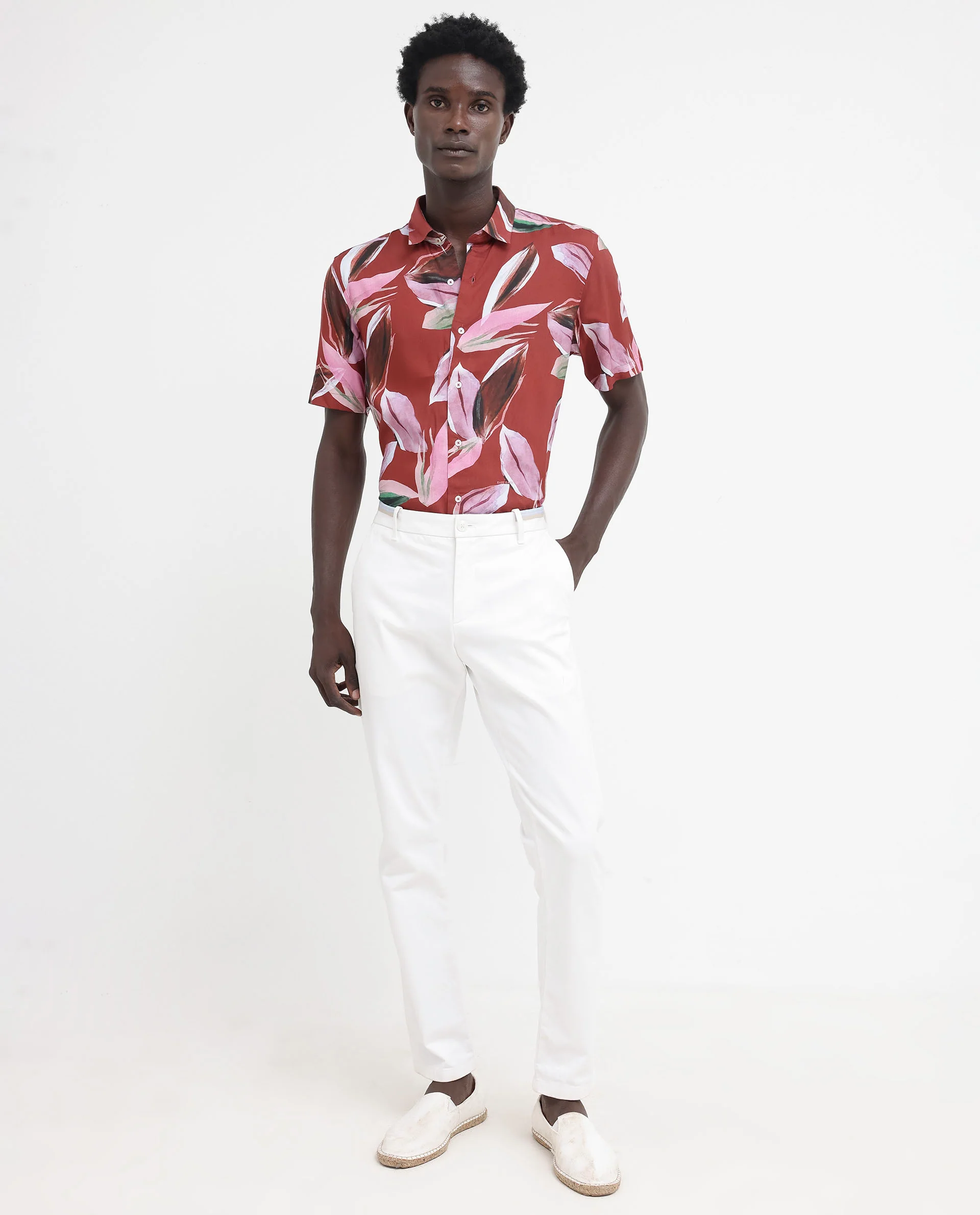 Rare Rabbit Men's Aviot Rust Viscose Tropical Print Regular Fit Half Sleeve Collared Shirt - Image 2