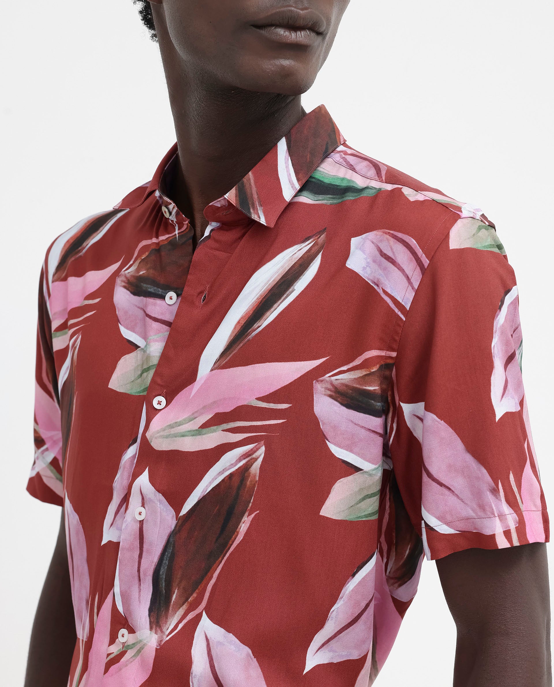 Rare Rabbit Men's Aviot Rust Viscose Tropical Print Regular Fit Half Sleeve Collared Shirt - Image 3