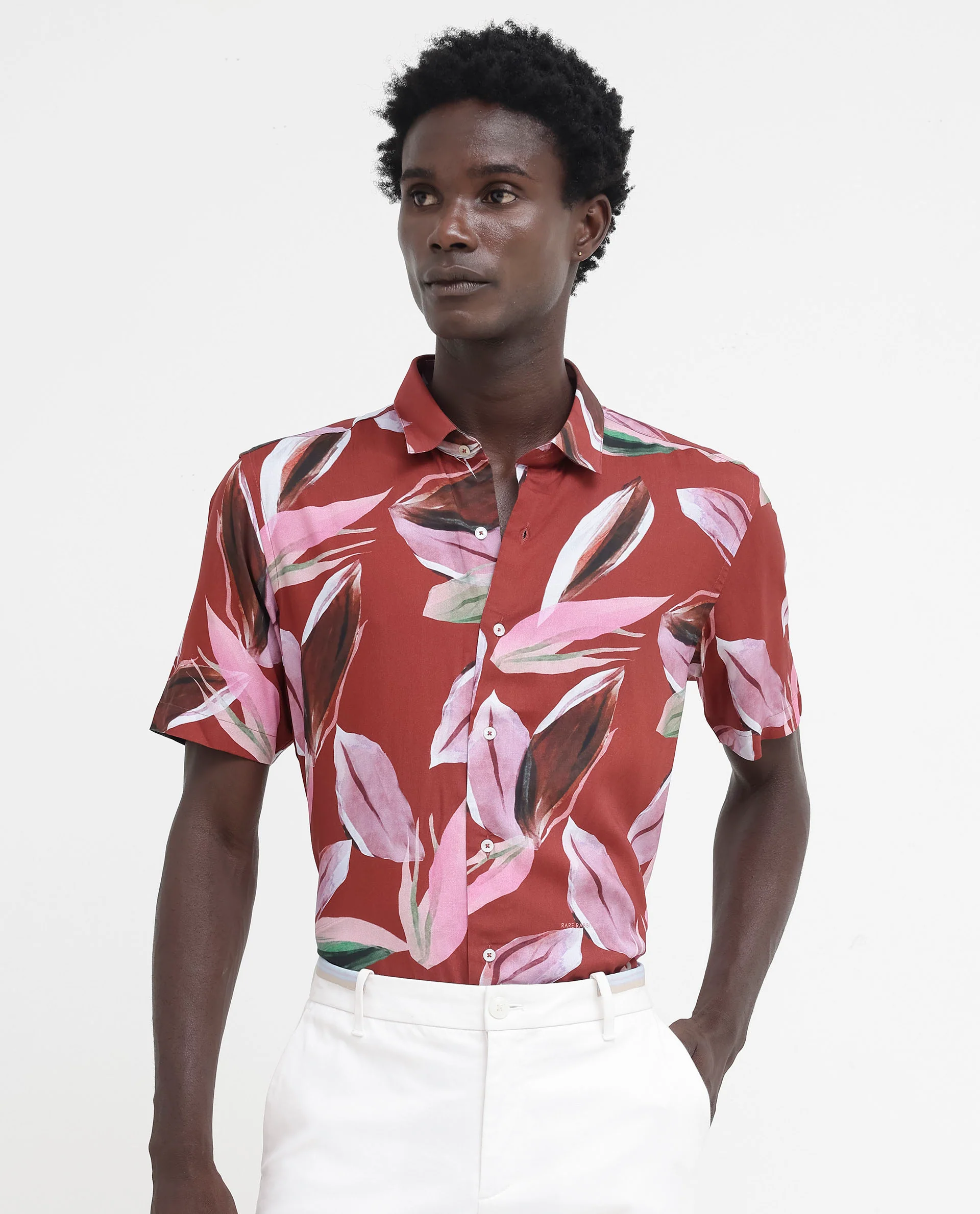 Rare Rabbit Men's Aviot Rust Viscose Tropical Print Regular Fit Half Sleeve Collared Shirt - Image 4