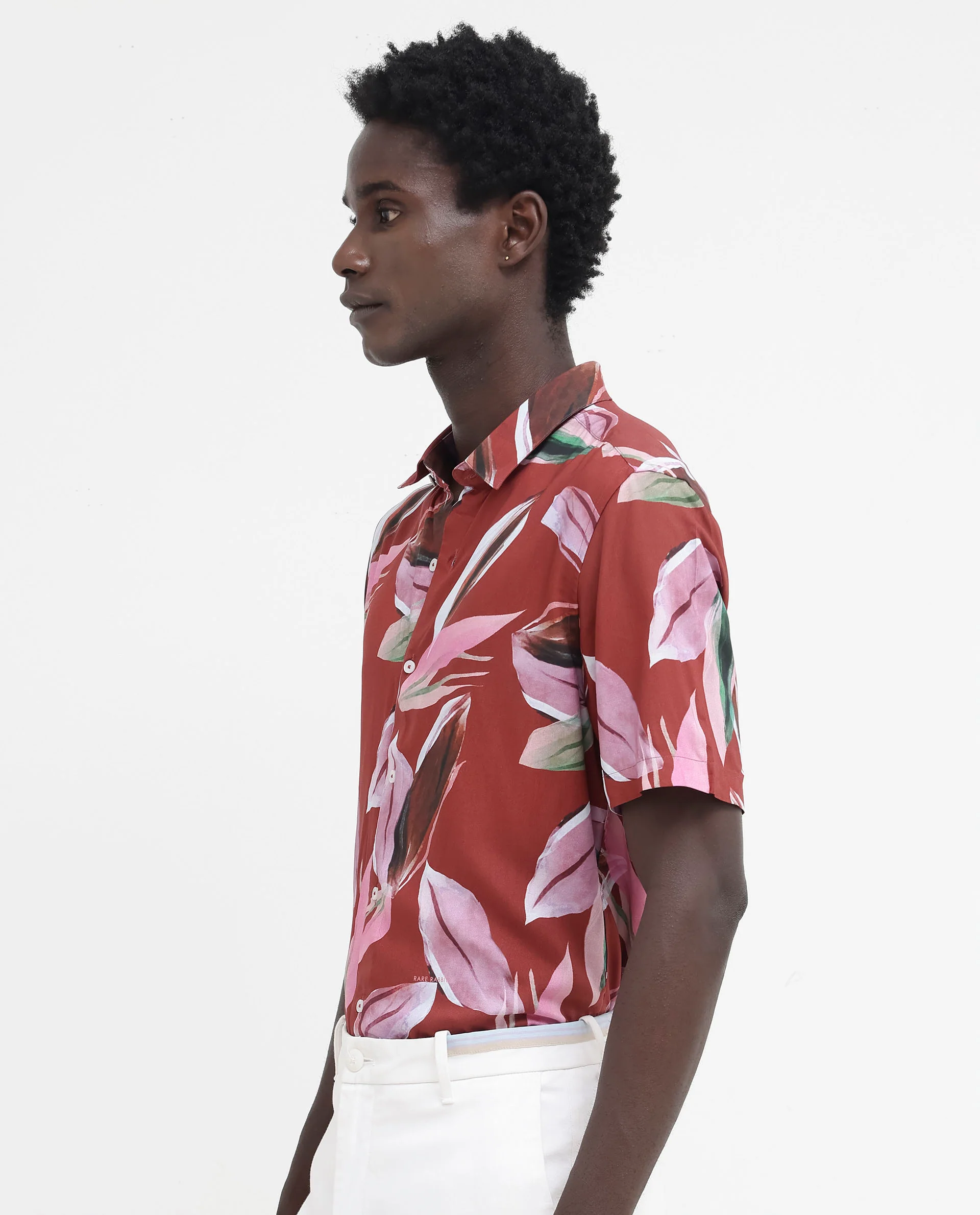 Rare Rabbit Men's Aviot Rust Viscose Tropical Print Regular Fit Half Sleeve Collared Shirt - Image 5