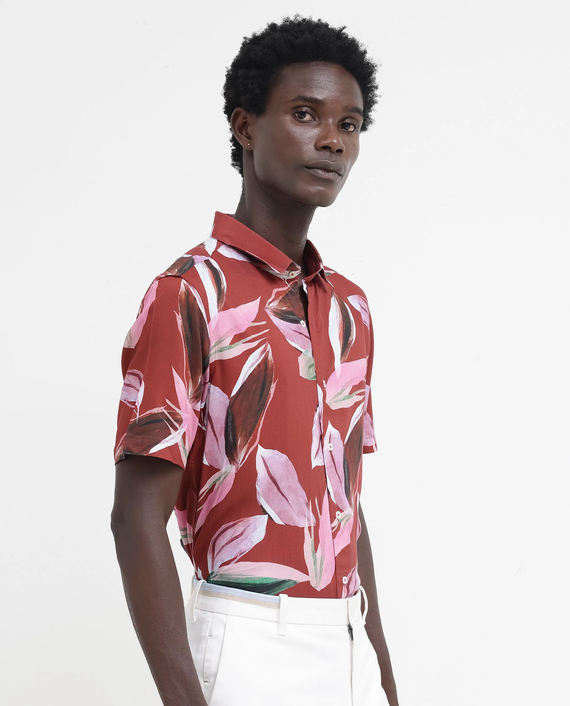 Rare Rabbit Men's Aviot Rust Viscose Tropical Print Regular Fit Half Sleeve Collared Shirt - Image 6
