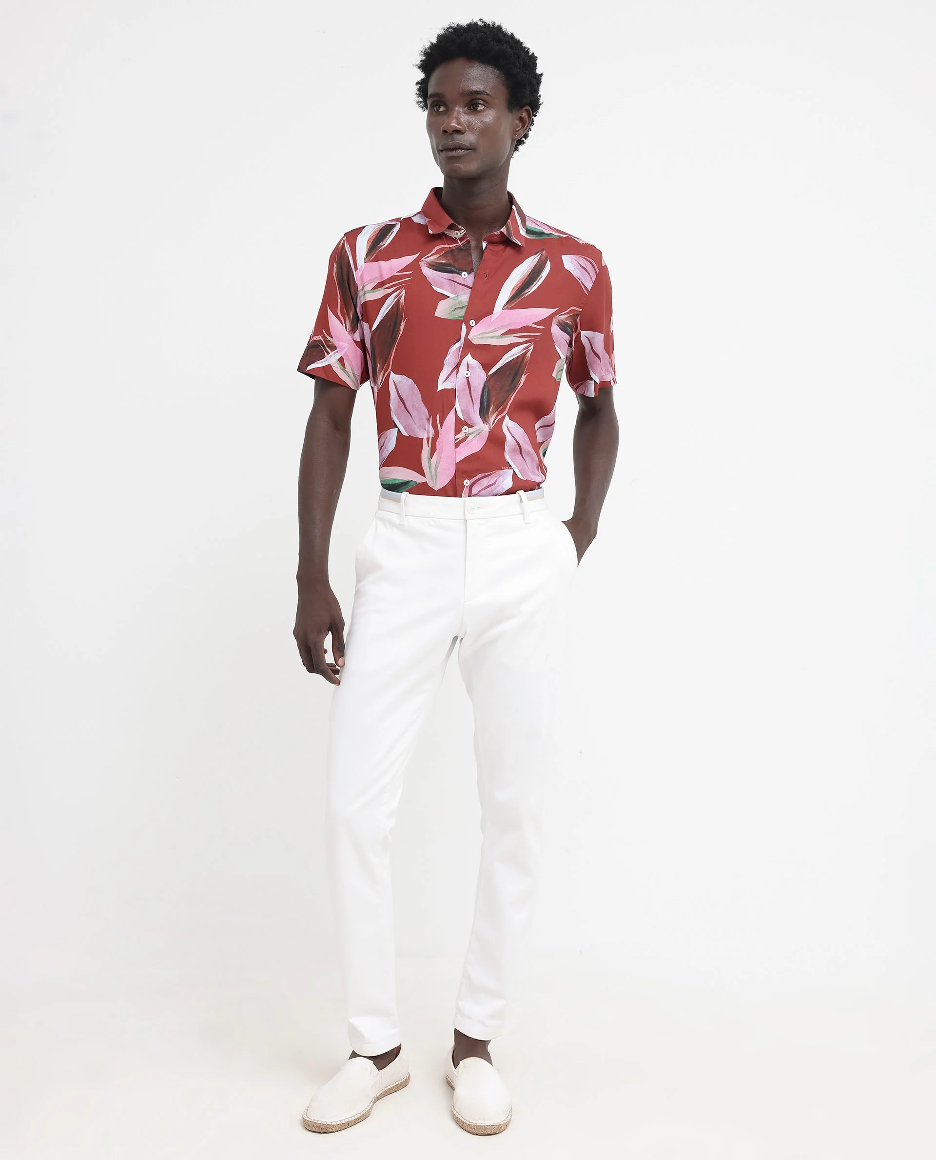 Rare Rabbit Men's Aviot Rust Viscose Tropical Print Regular Fit Half Sleeve Collared Shirt - Image 7