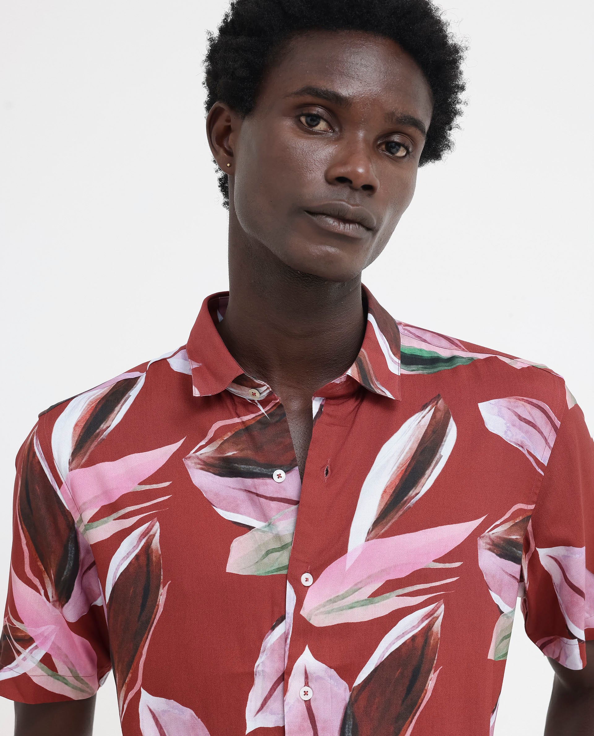 Rare Rabbit Men's Aviot Rust Viscose Tropical Print Regular Fit Half Sleeve Collared Shirt - Image 8