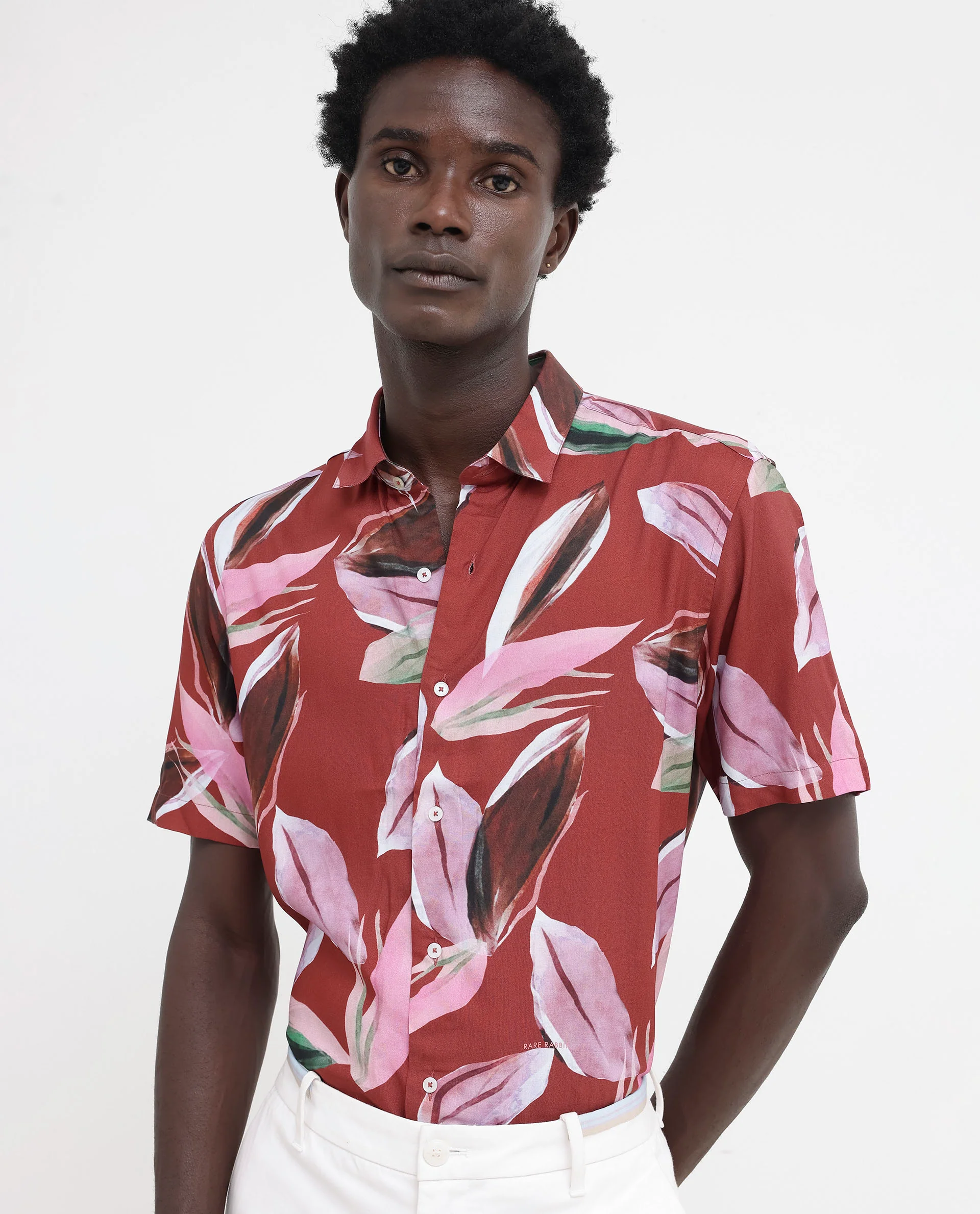 Rare Rabbit Men's Aviot Rust Viscose Tropical Print Regular Fit Half Sleeve Collared Shirt - Image 9