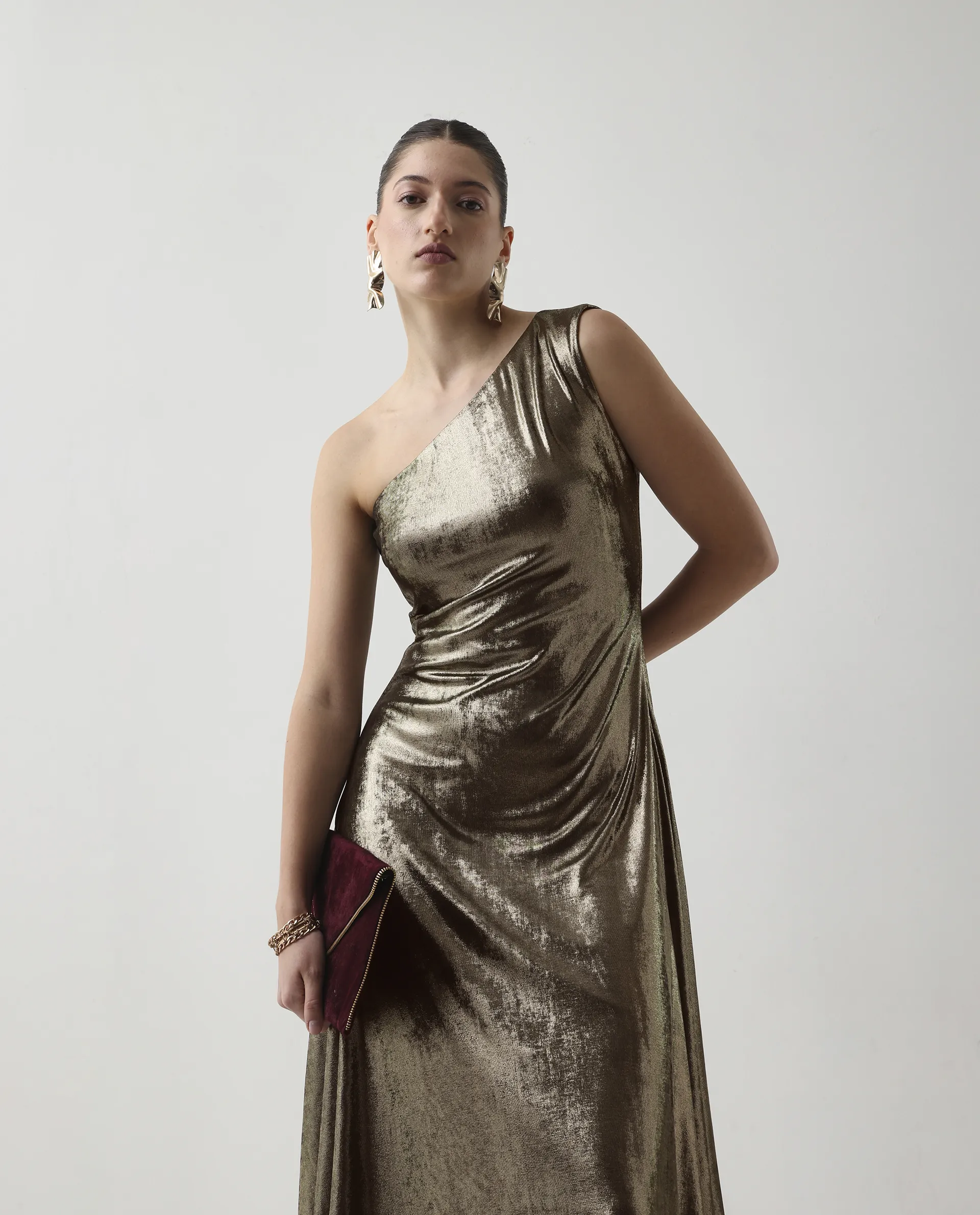 Rareism Women's Avip Gold Polyester One Shoulder Fit And Flare Plain Midi Dress - Image 2