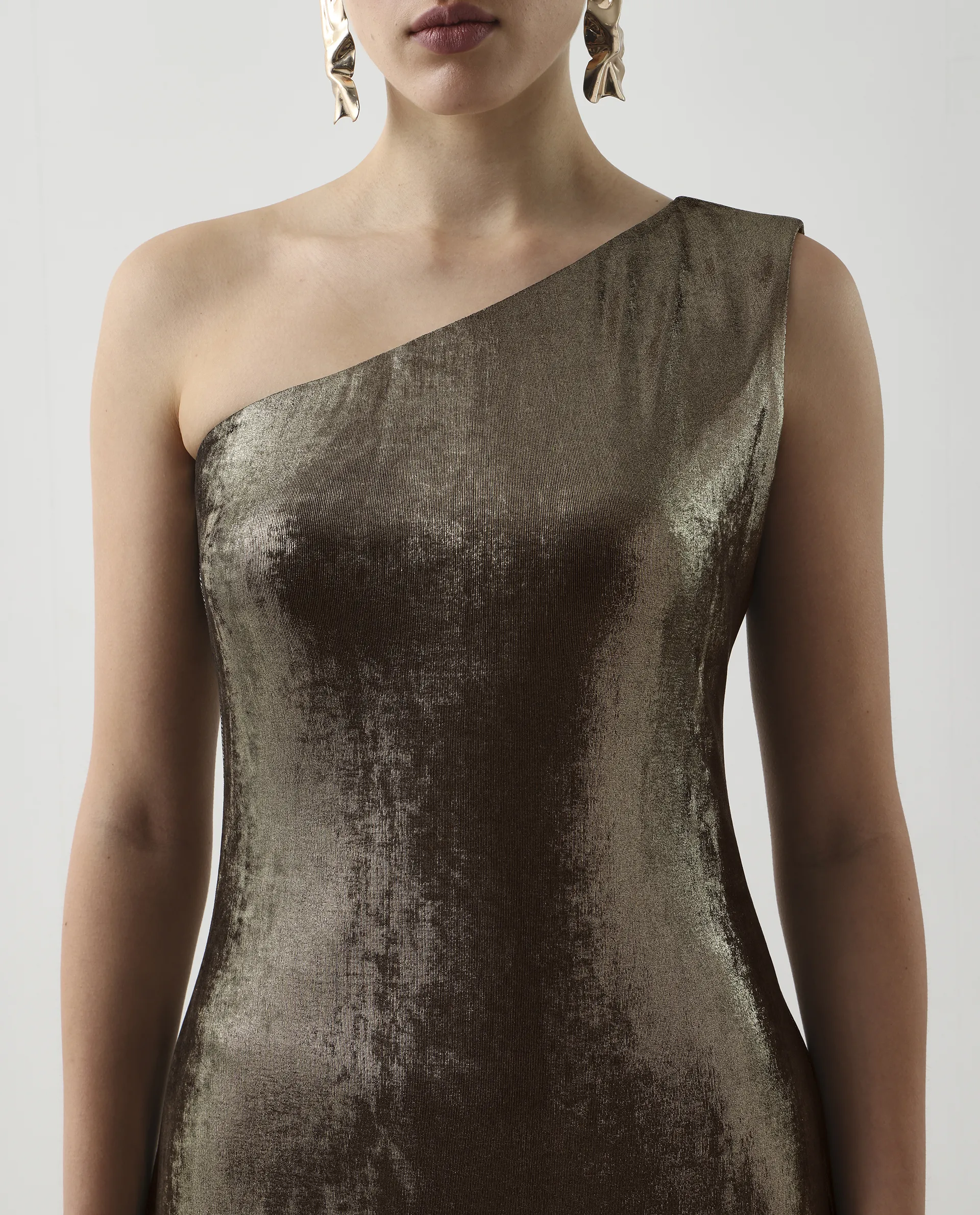 Rareism Women's Avip Gold Polyester One Shoulder Fit And Flare Plain Midi Dress - Image 4