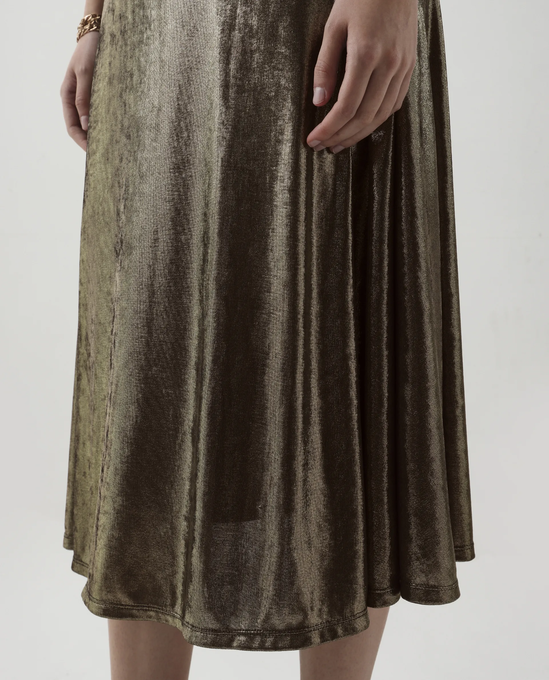 Rareism Women's Avip Gold Polyester One Shoulder Fit And Flare Plain Midi Dress - Image 5