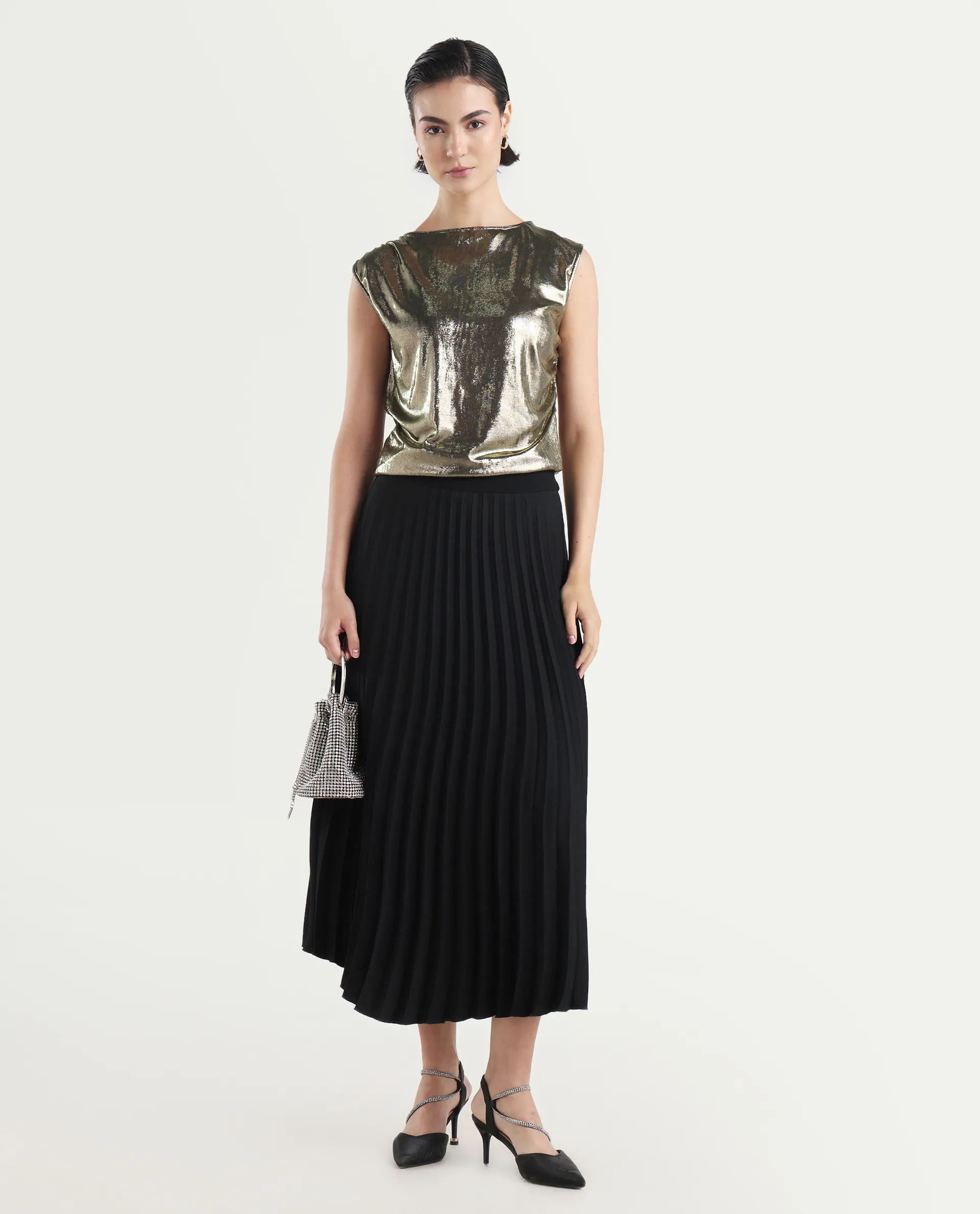 Rareism Women's Aviptus Gold Polyester Boat Neck Fitted Plain Top - Image 2
