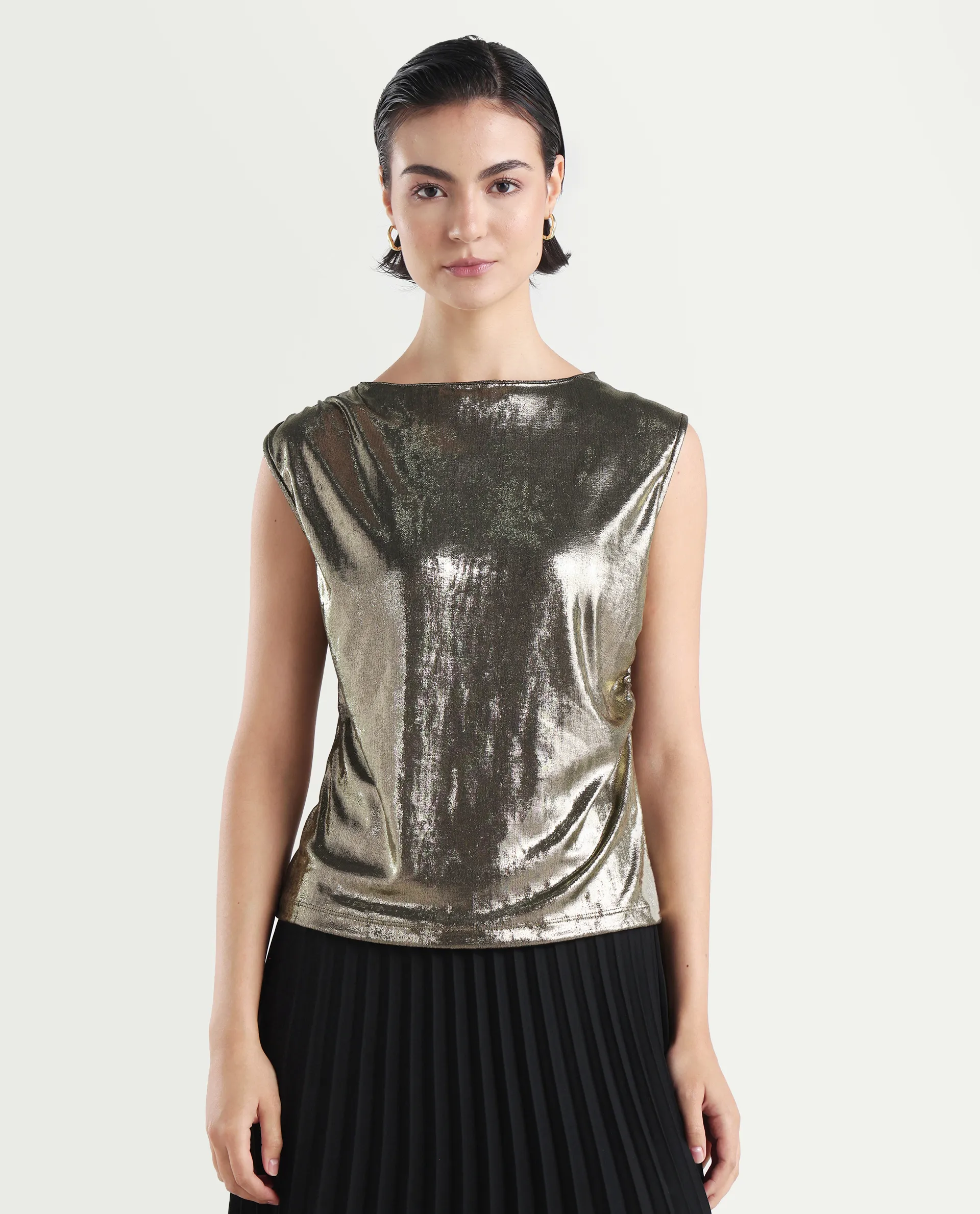 Rareism Women's Aviptus Gold Polyester Boat Neck Fitted Plain Top - Image 3