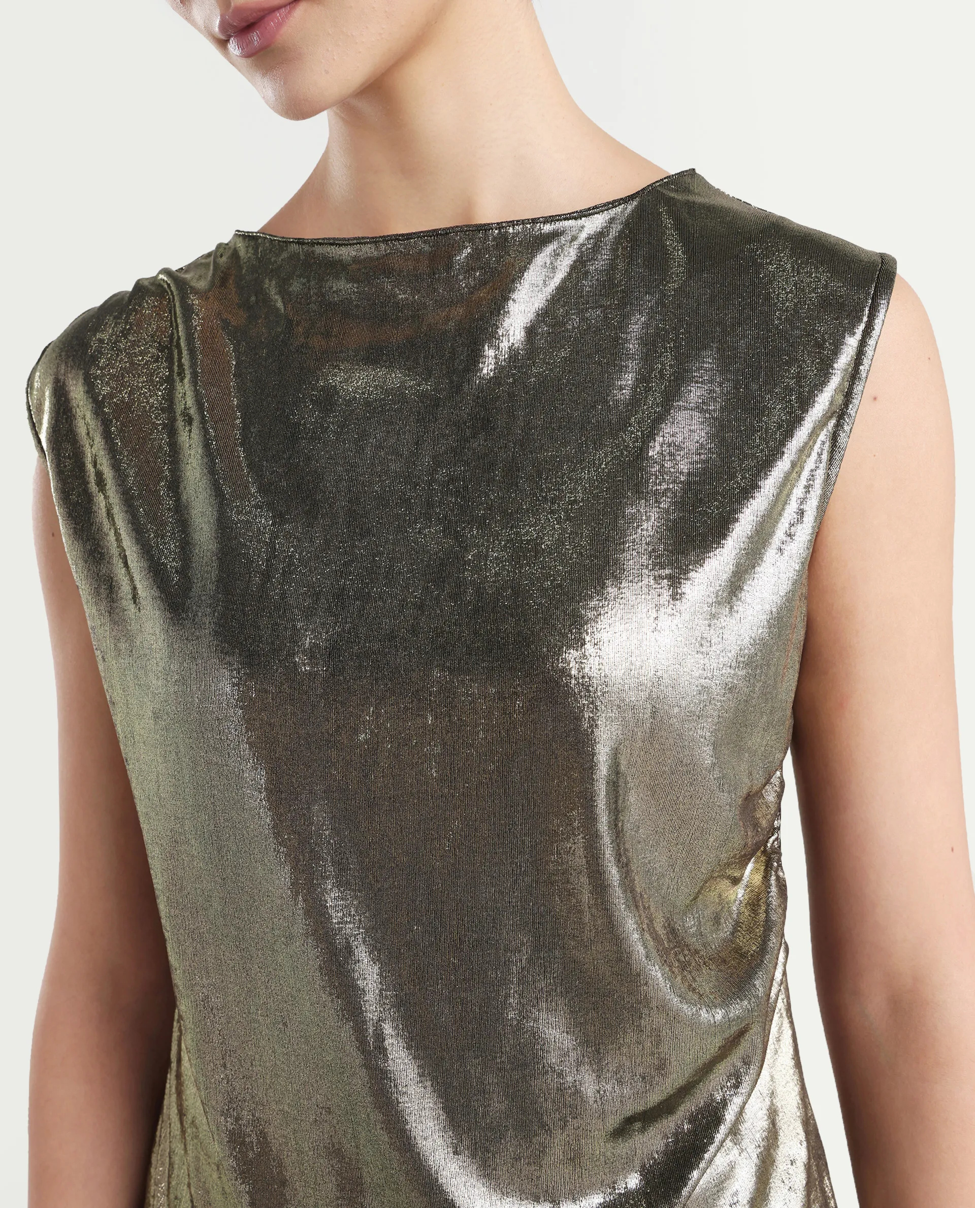 Rareism Women's Aviptus Gold Polyester Boat Neck Fitted Plain Top - Image 4