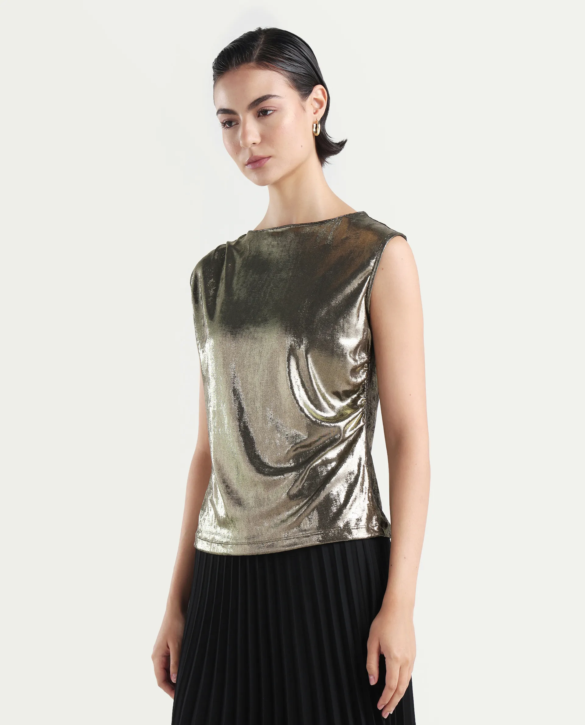 Rareism Women's Aviptus Gold Polyester Boat Neck Fitted Plain Top - Image 5