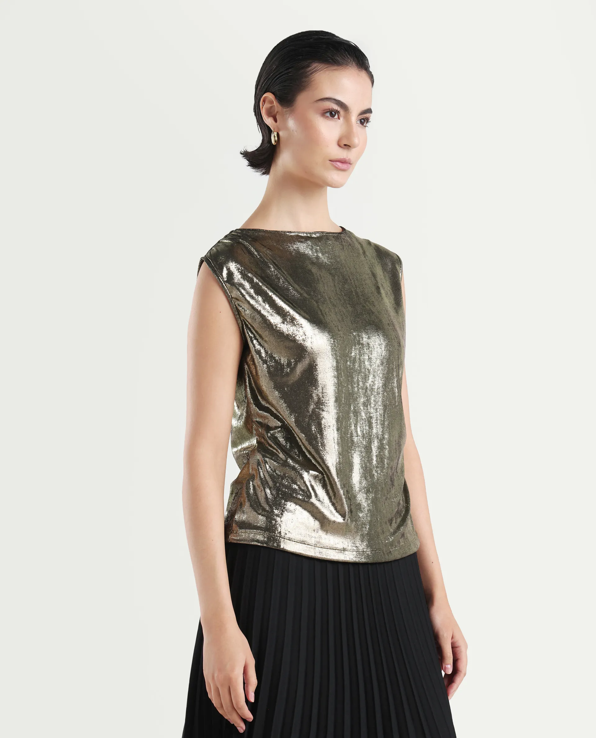 Rareism Women's Aviptus Gold Polyester Boat Neck Fitted Plain Top - Image 6