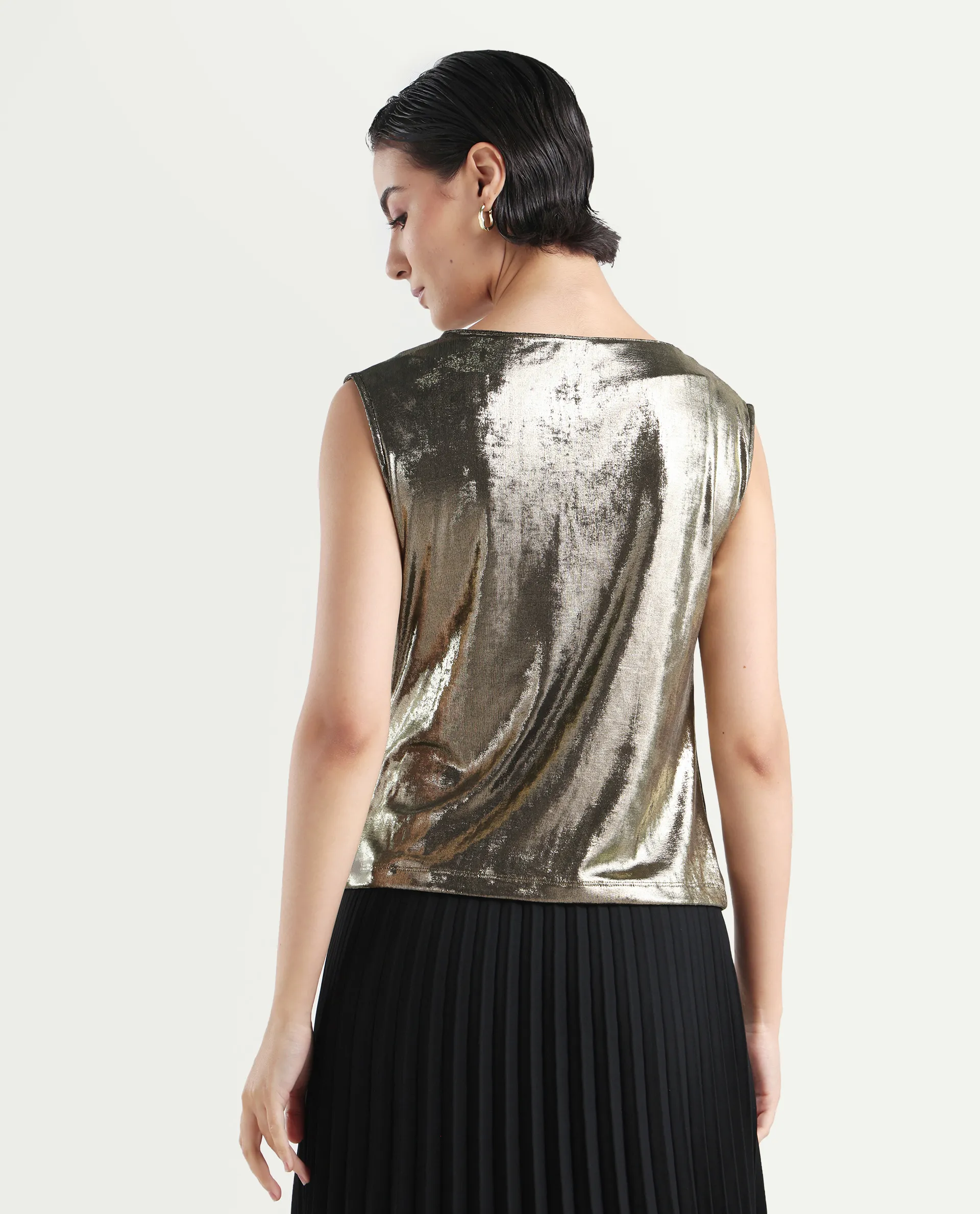 Rareism Women's Aviptus Gold Polyester Boat Neck Fitted Plain Top - Image 7