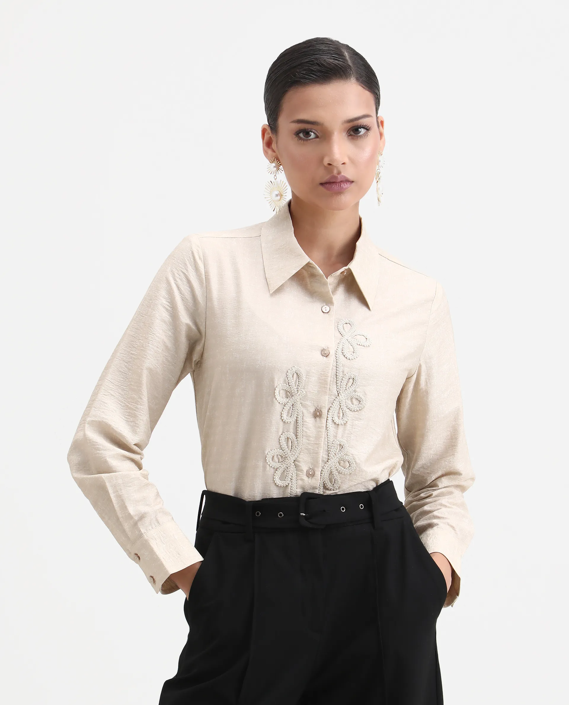 Rareism Women's Avira Beige Nylon Blend Spread Collar Regular Fit Shirt - Image 3