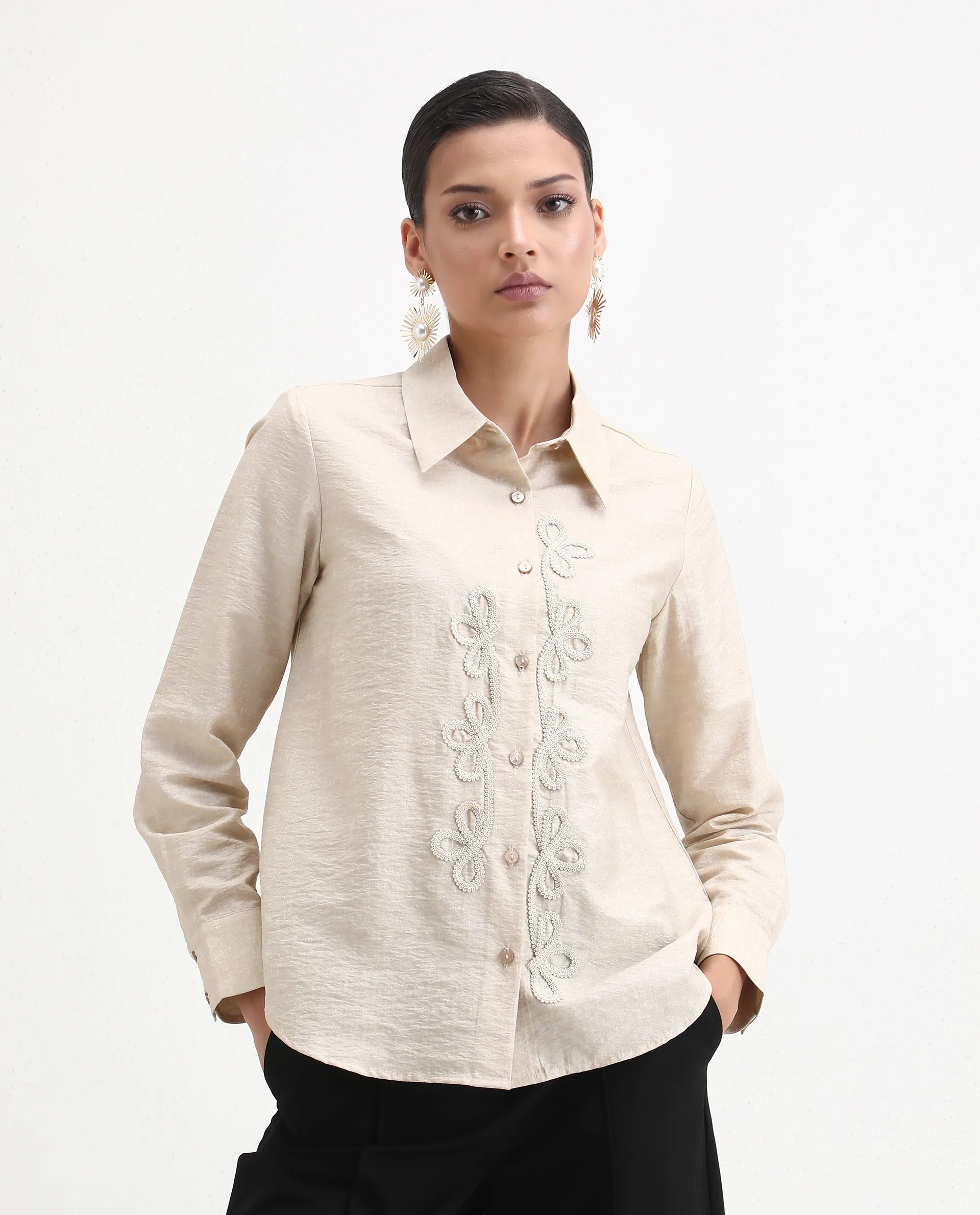 Rareism Women's Avira Beige Nylon Blend Spread Collar Regular Fit Shirt - Image 4