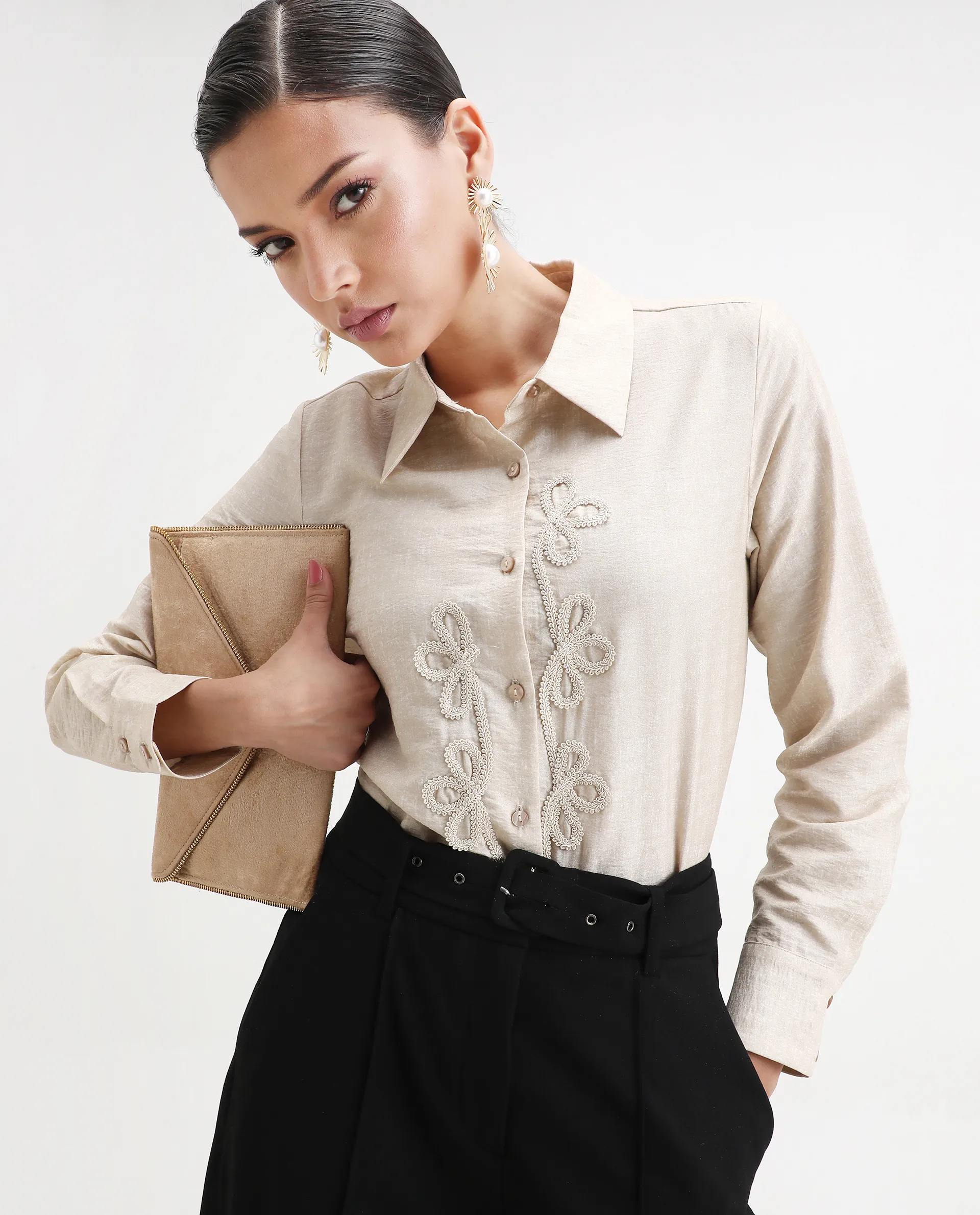 Rareism Women's Avira Beige Nylon Blend Spread Collar Regular Fit Shirt - Image 5