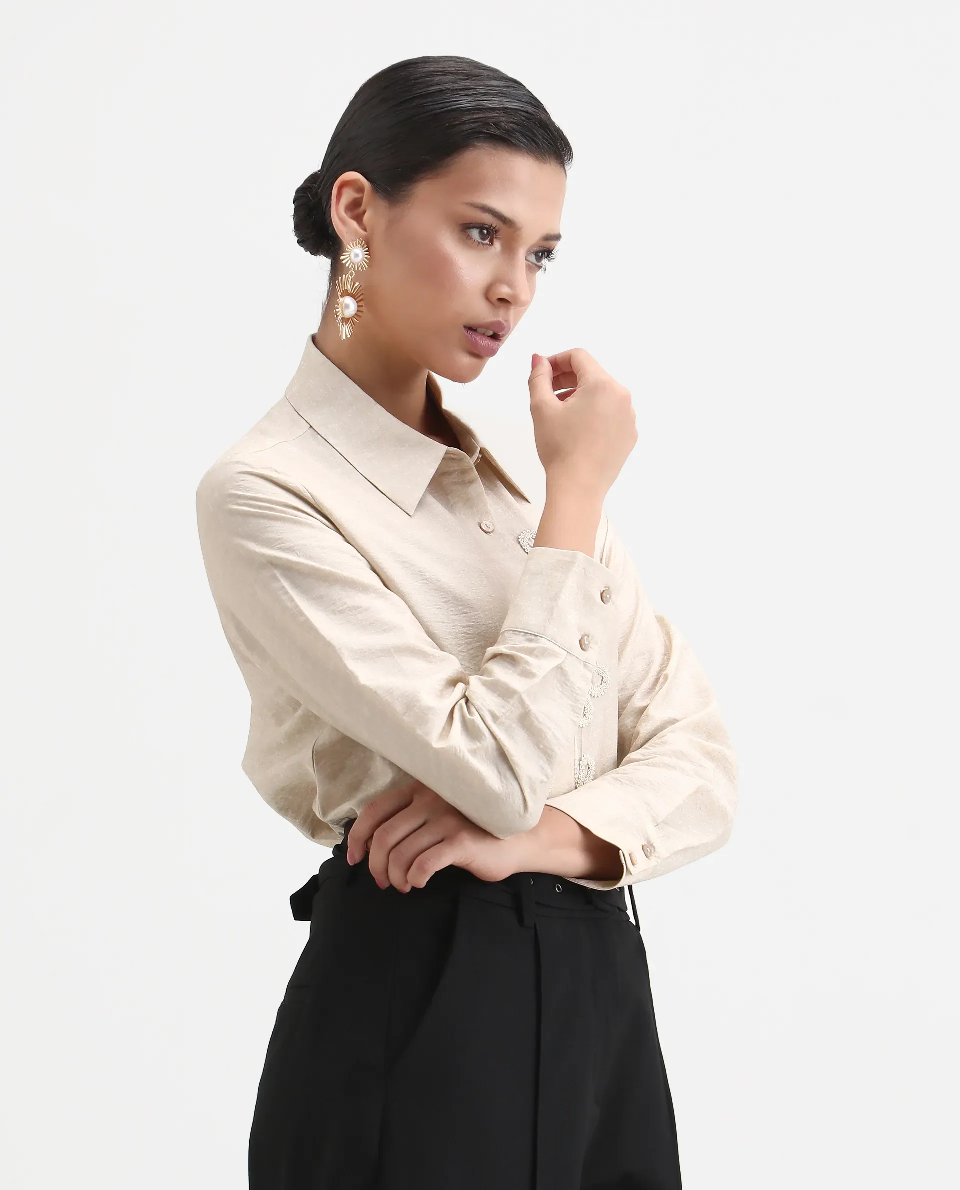 Rareism Women's Avira Beige Nylon Blend Spread Collar Regular Fit Shirt - Image 7