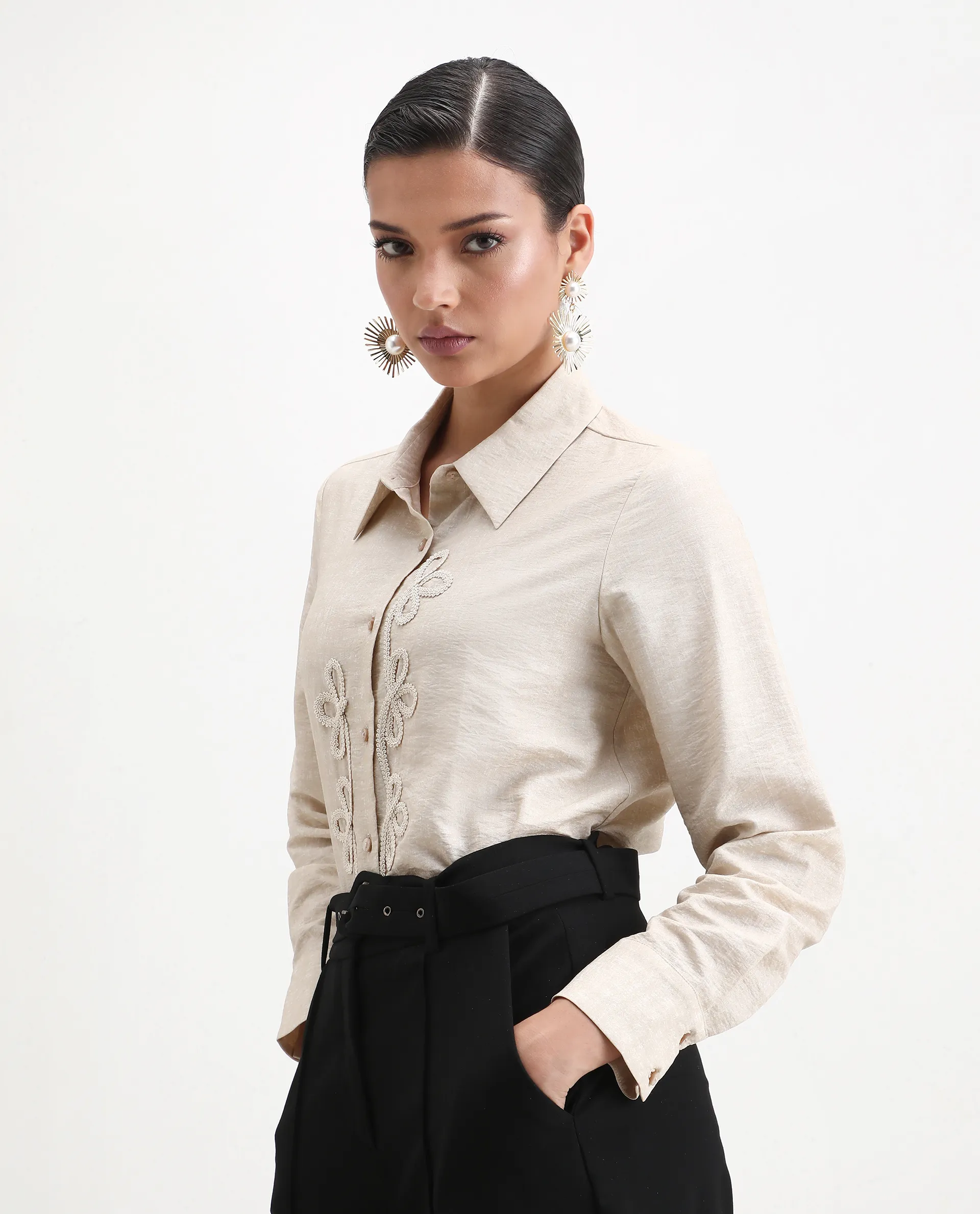 Rareism Women's Avira Beige Nylon Blend Spread Collar Regular Fit Shirt - Image 8