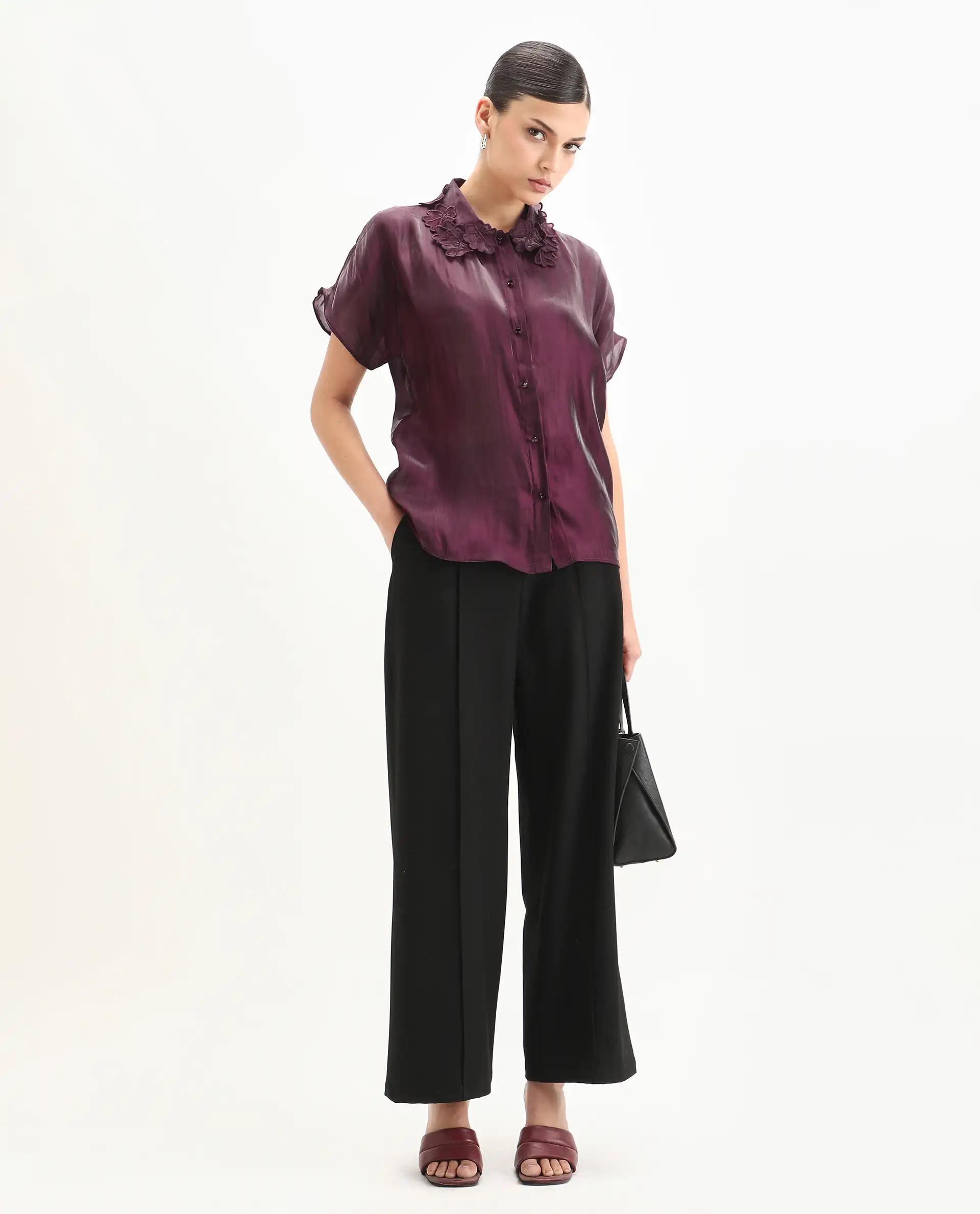 Rareism Women's Avirfa Maroon Polyester Collared Neck Relaxed Fit Shirt - Image 2