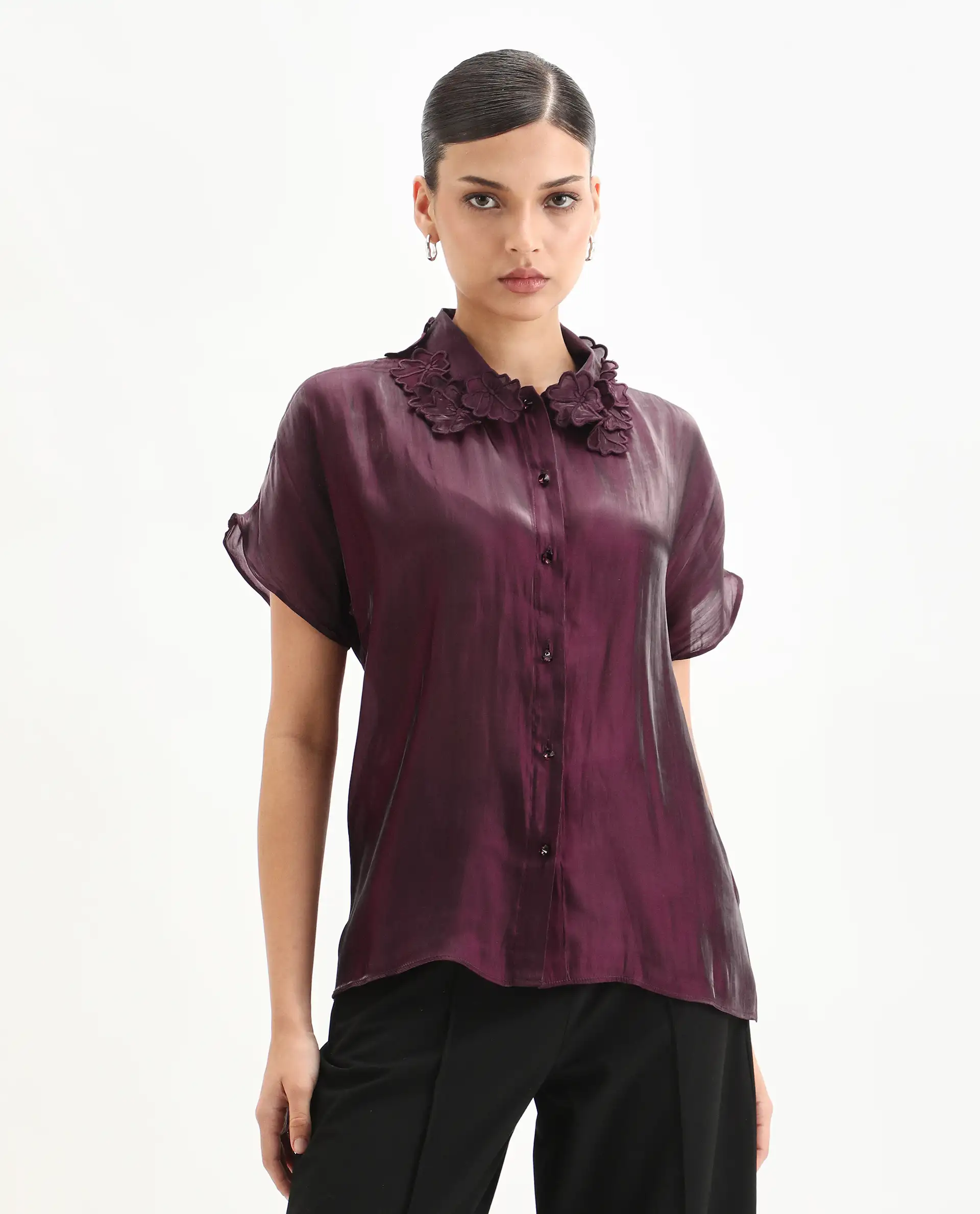 Rareism Women's Avirfa Maroon Polyester Collared Neck Relaxed Fit Shirt - Image 4