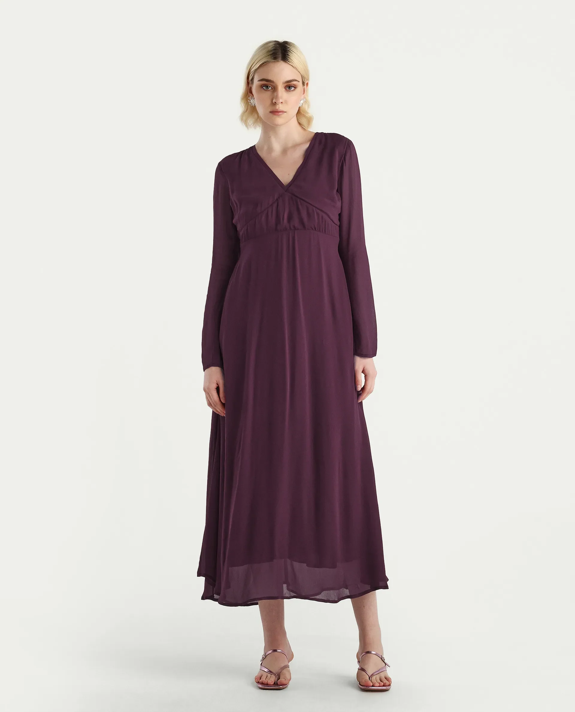Rareism Women's Aviri Maroon Viscose V-Neck Fit And Flare Plain Dress - Image 2