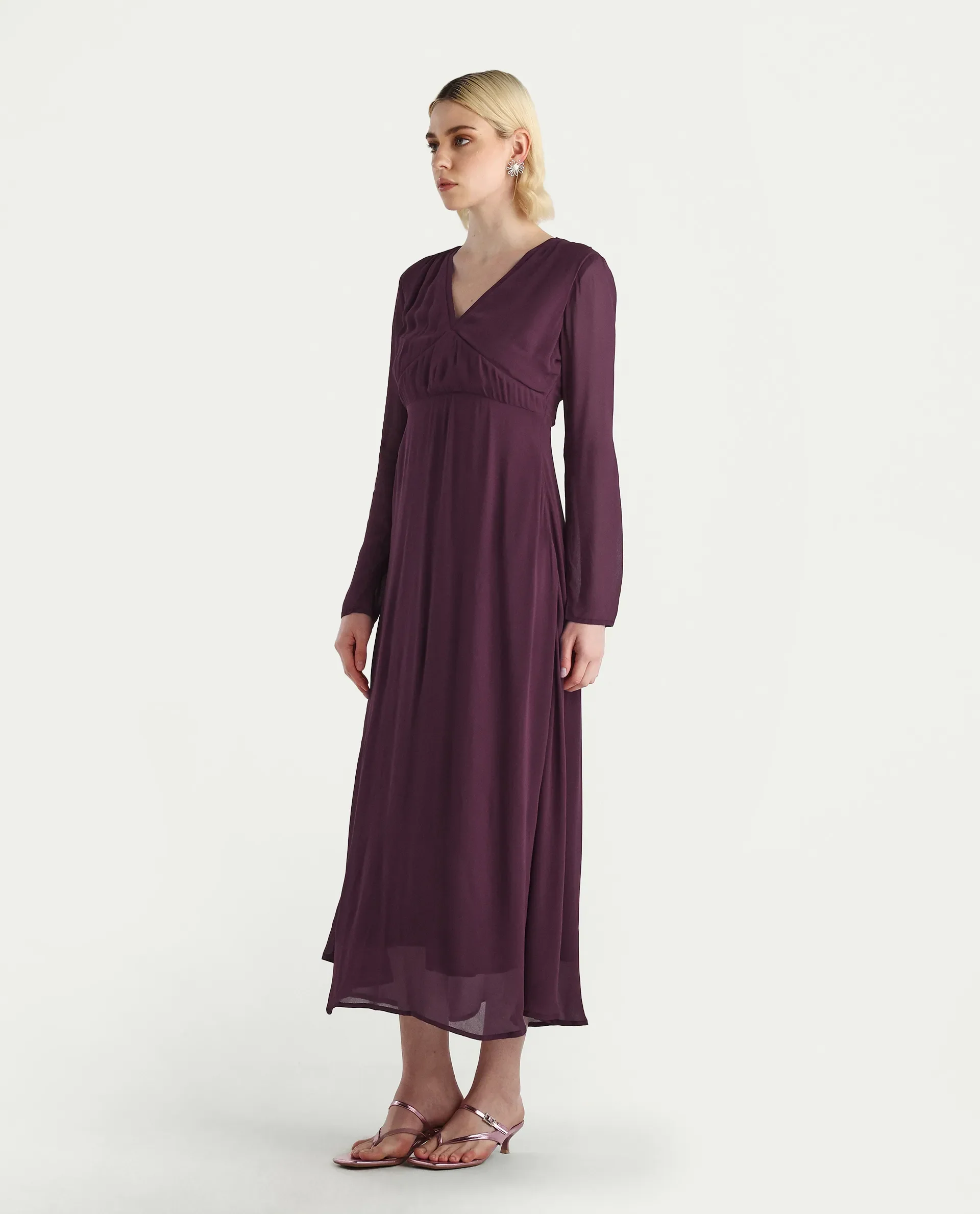 Rareism Women's Aviri Maroon Viscose V-Neck Fit And Flare Plain Dress - Image 4